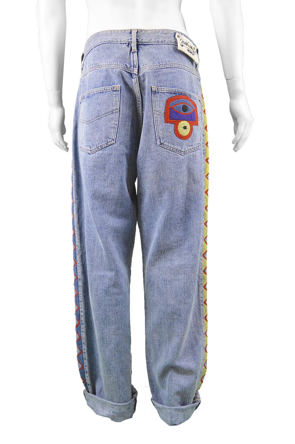 Jean Charles de Castelbajac Men's Vintage 1980s Baggy Blue Denim & Suede Jeans 3