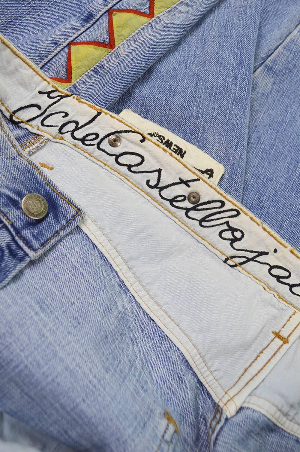 Jean Charles de Castelbajac Men's Vintage 1980s Baggy Blue Denim & Suede Jeans For Sale 4