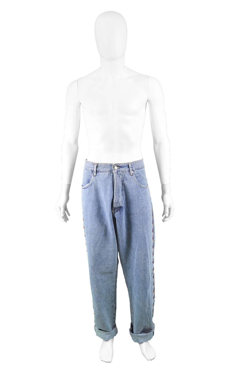 Jean Charles de Castelbajac Men's Vintage 1980s Baggy Blue Denim & Suede Jeans

Size: Waist - 35” / 89cm
Inside Leg  - 32” / 81cm 
Hips - 48” / 122cm
Length (Shoulder to Hem) - 45” / 114cm
Rise - 14” / 35cm

Condition: Excellent Vintage Condition -
