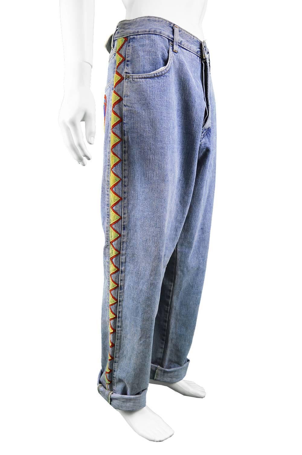 Gray Jean Charles de Castelbajac Men's Vintage 1980s Baggy Blue Denim & Suede Jeans
