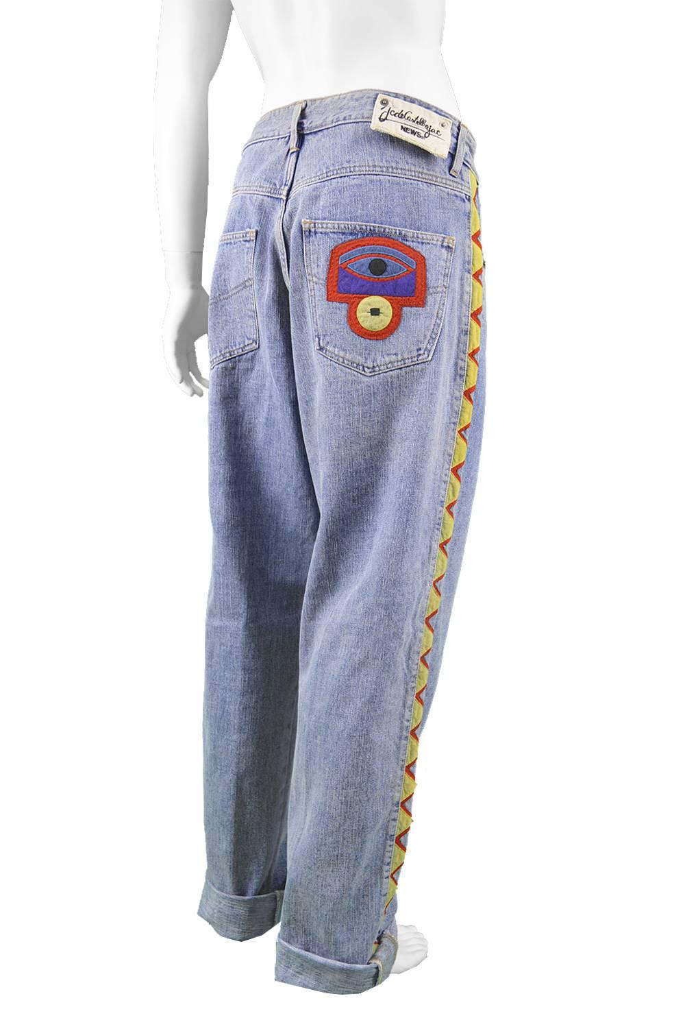 Jean Charles de Castelbajac Men's Vintage 1980s Baggy Blue Denim & Suede Jeans In Excellent Condition In Doncaster, South Yorkshire