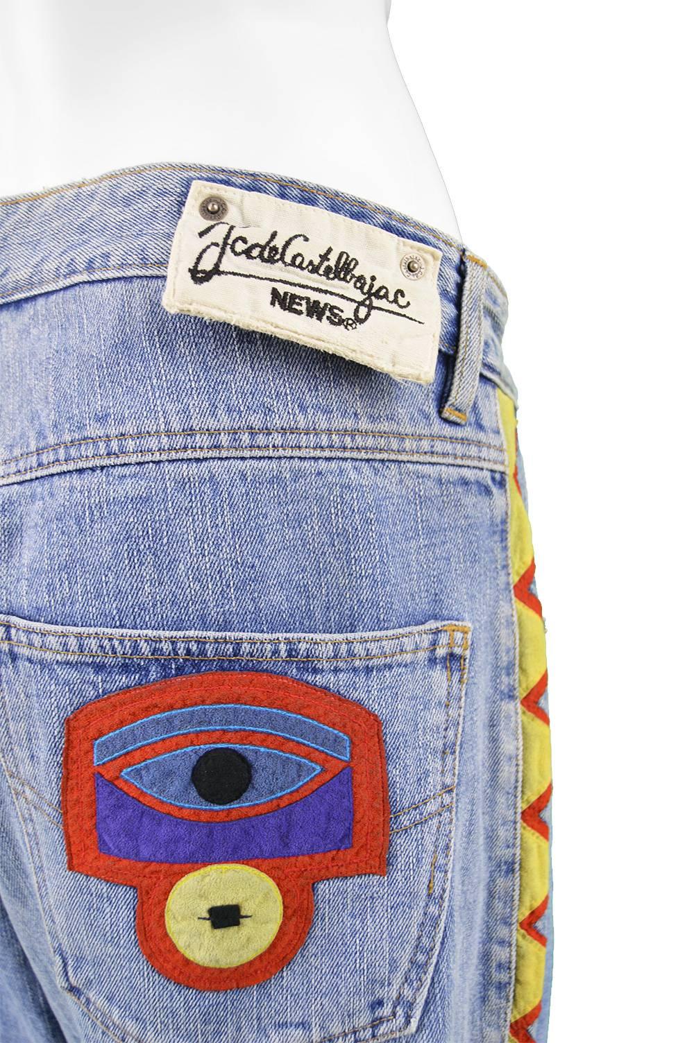 Jean Charles de Castelbajac Men's Vintage 1980s Baggy Blue Denim & Suede Jeans 1