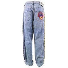 Jean Charles de Castelbajac Men's Vintage 1980s Baggy Blue Denim & Suede Jeans