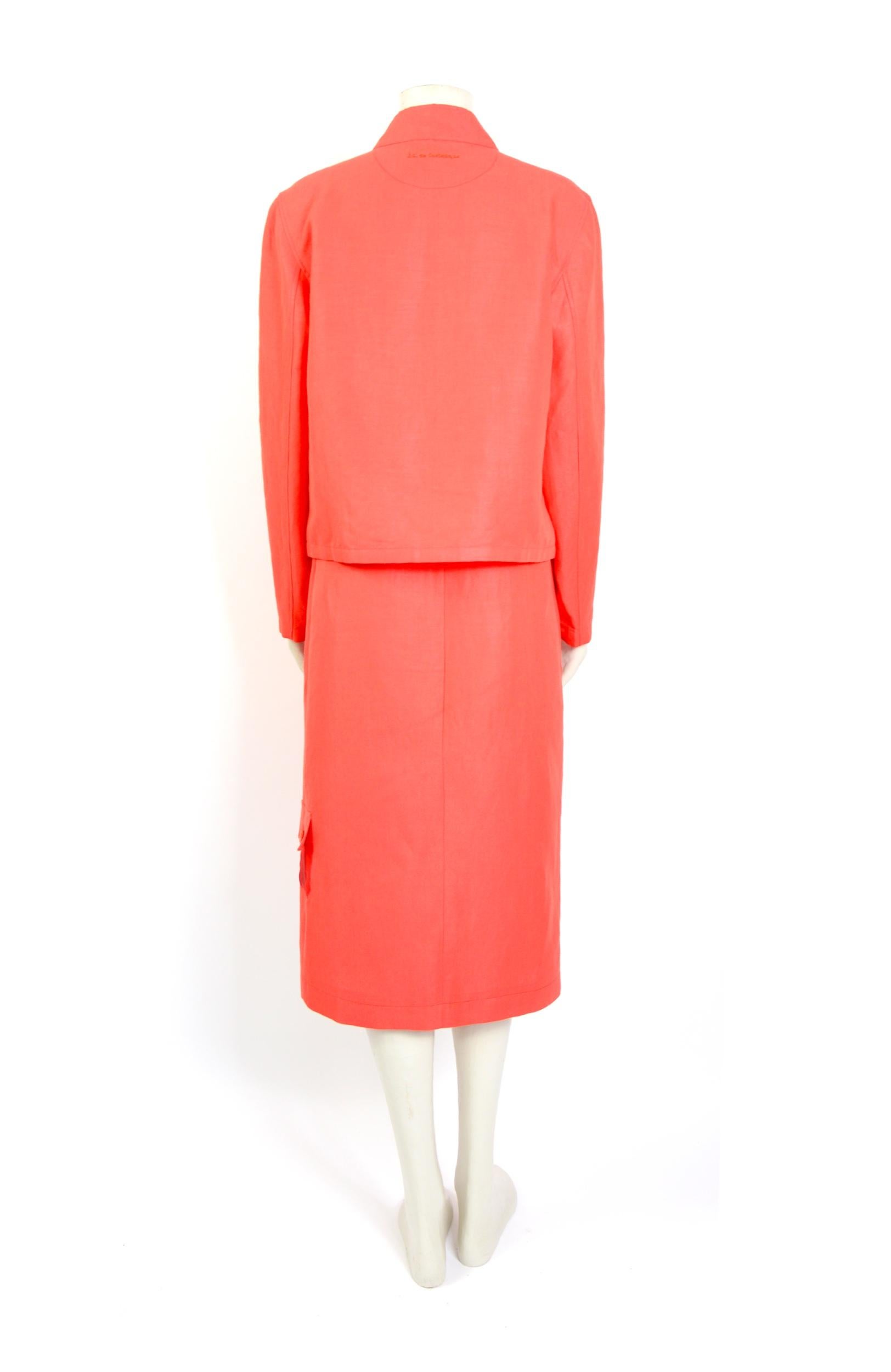 Jean Charles de Castelbajac vintage 80s coral linen jacket and wrap-skirt set  In Excellent Condition For Sale In Antwerp, BE