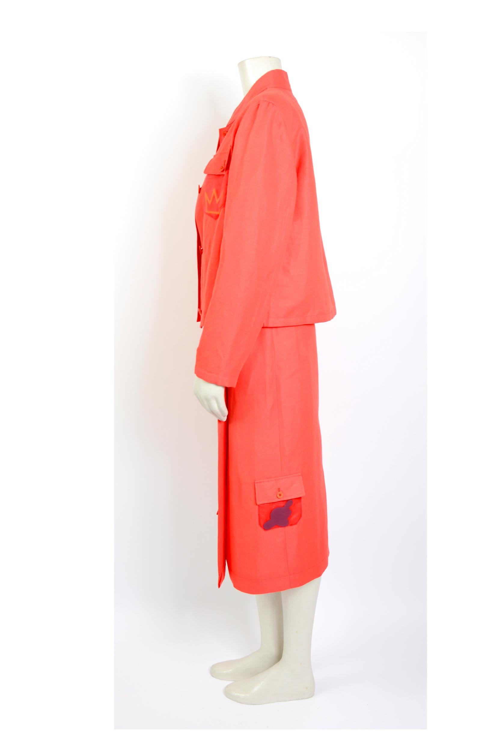 Women's Jean Charles de Castelbajac vintage 80s coral linen jacket and wrap-skirt set  For Sale