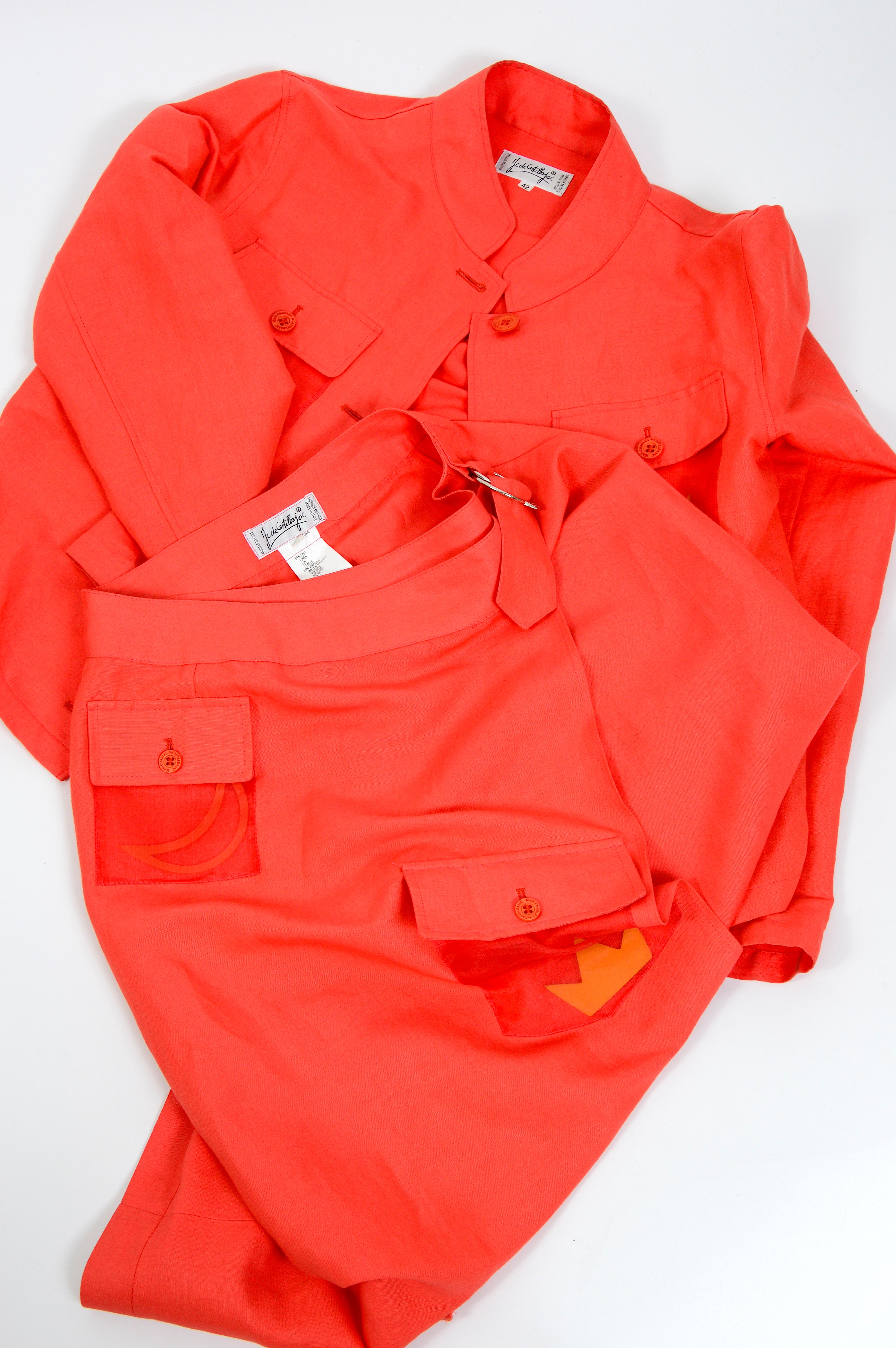 Jean Charles de Castelbajac vintage 80s coral linen jacket and wrap-skirt set  For Sale 2