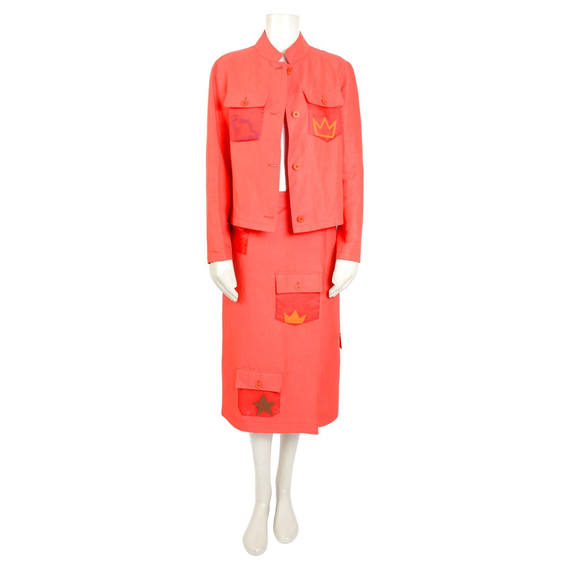 Jean Charles de Castelbajac vintage 80s coral linen jacket and wrap-skirt set 