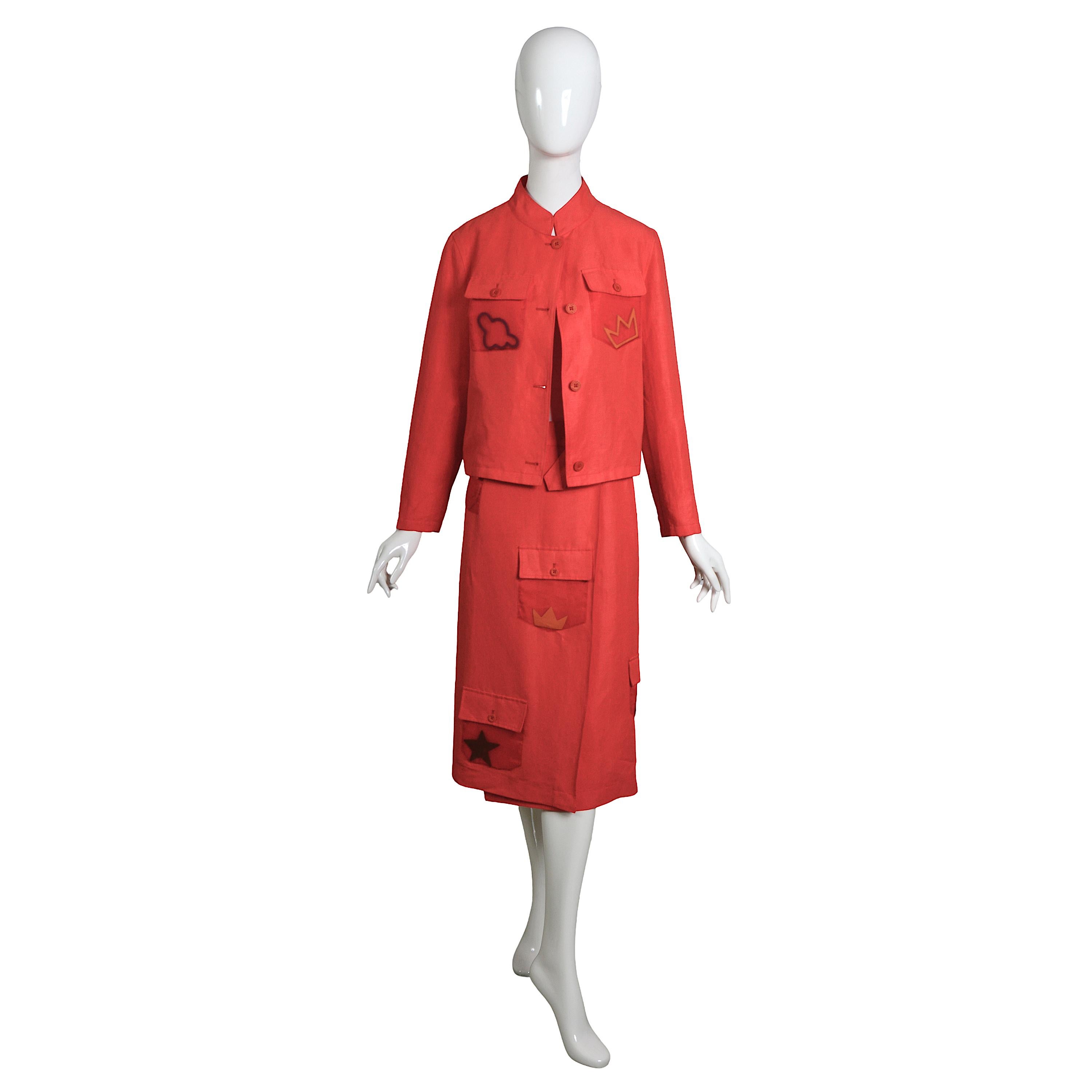 Jean-Charles de Castelbajac Vintage 80s Coral Linen Jacket & Midi Wrap Skirt Set For Sale 5