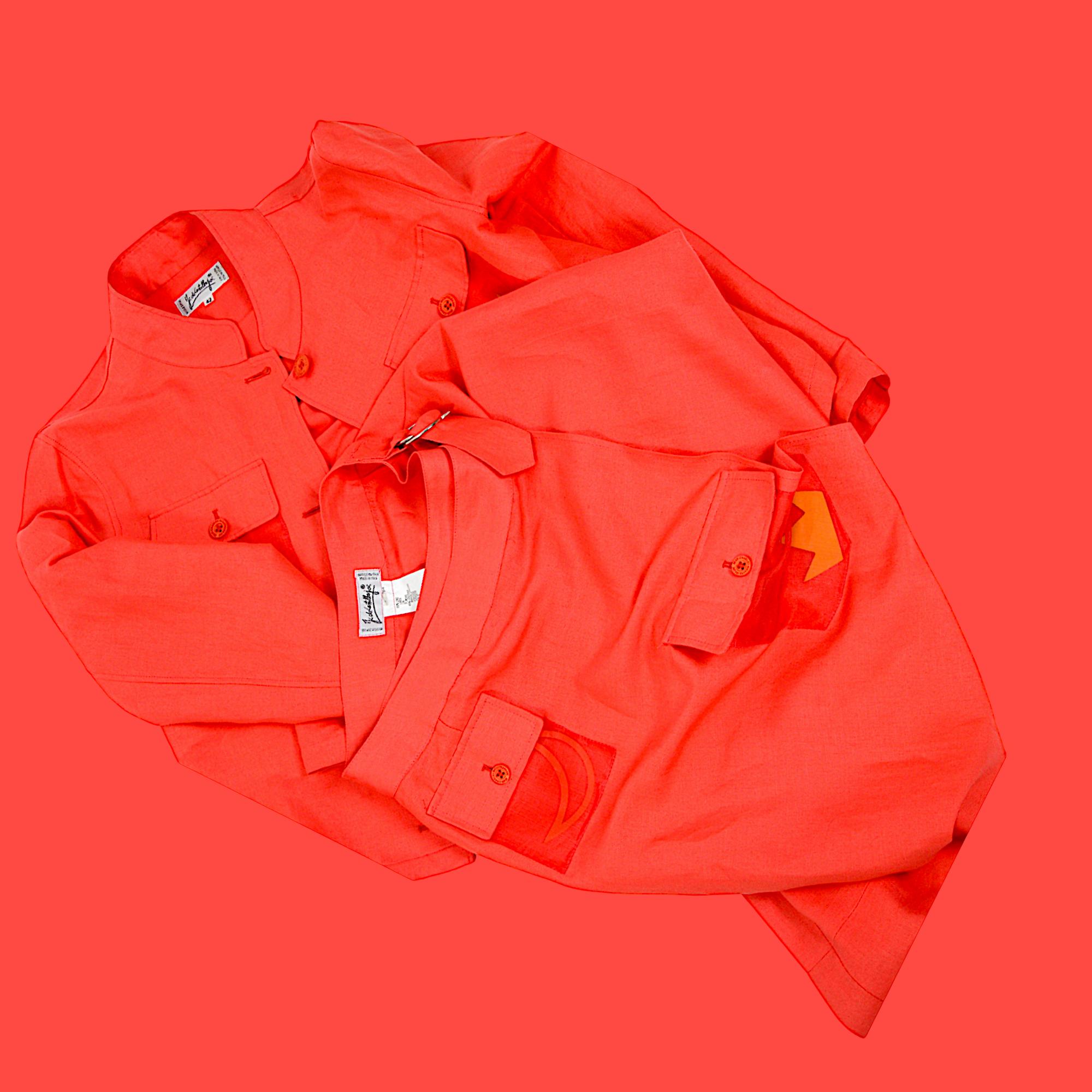 Jean-Charles de Castelbajac Vintage 80s Coral Linen Jacket & Midi Wrap Skirt Set For Sale 6
