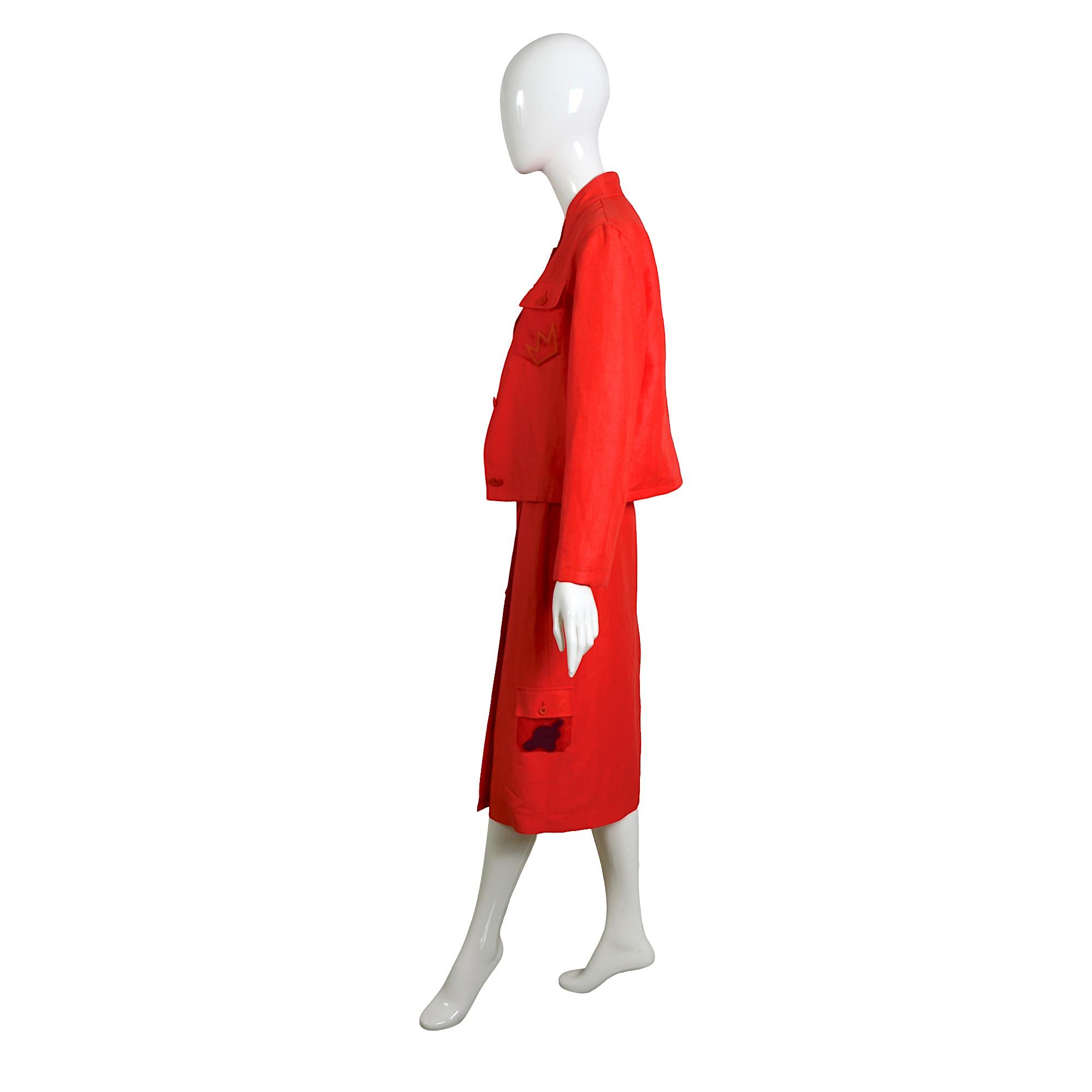 Red Jean-Charles de Castelbajac Vintage 80s Coral Linen Jacket & Midi Wrap Skirt Set For Sale