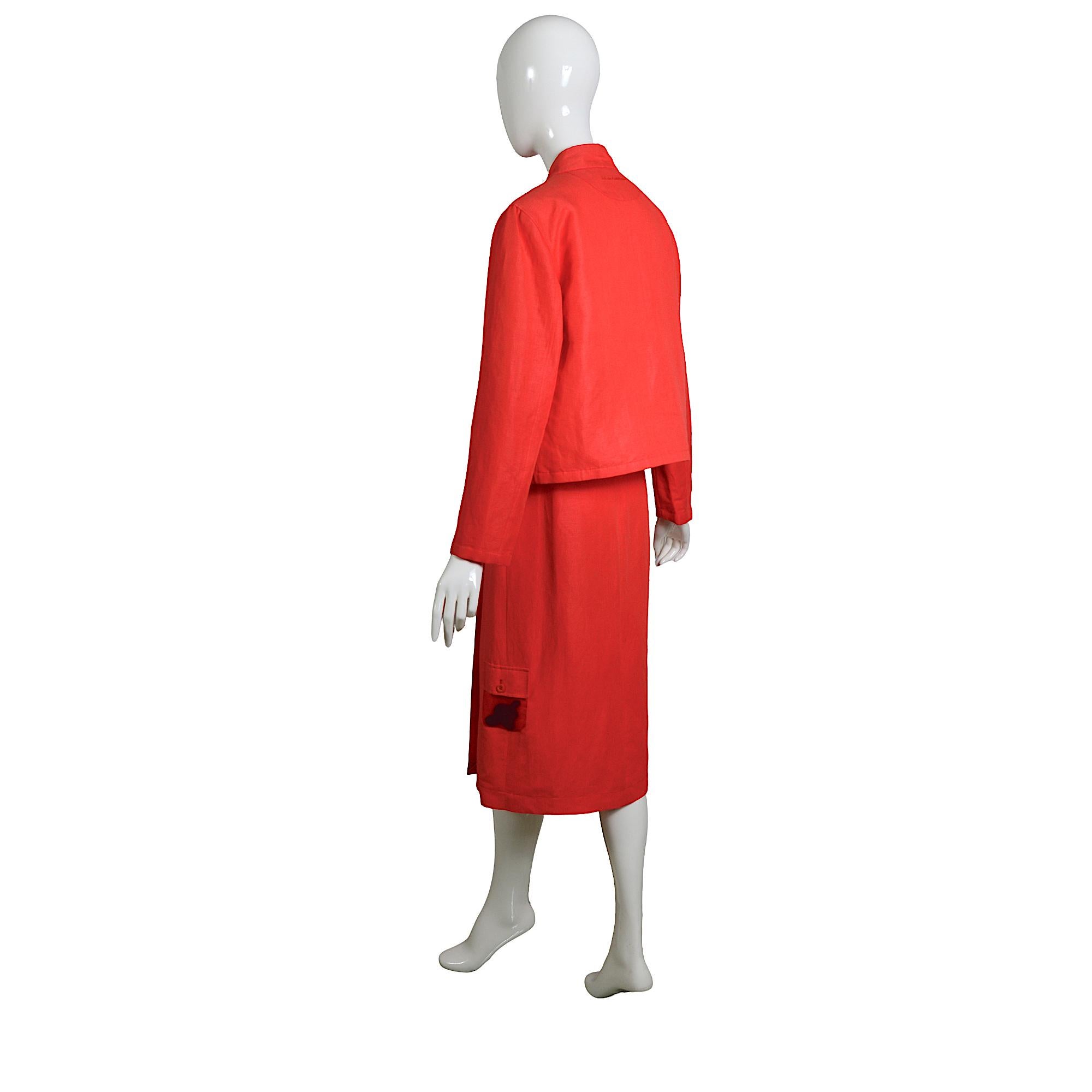 Jean-Charles de Castelbajac Vintage 80s Coral Linen Jacket & Midi Wrap Skirt Set In Excellent Condition For Sale In Antwerpen, Vlaams Gewest