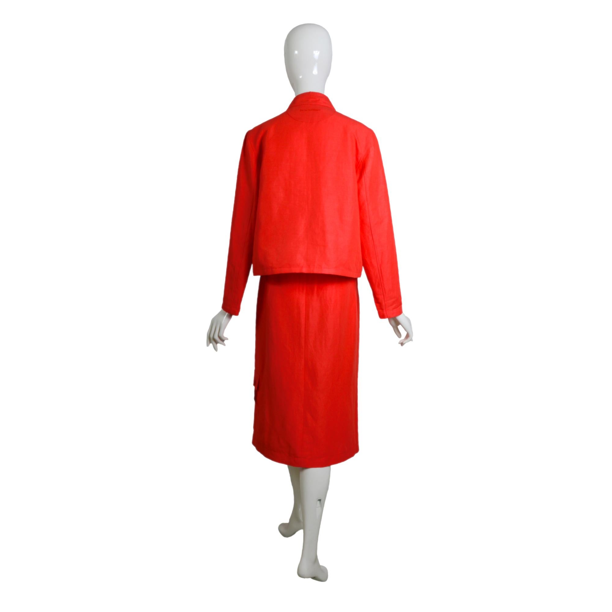 Women's Jean-Charles de Castelbajac Vintage 80s Coral Linen Jacket & Midi Wrap Skirt Set For Sale