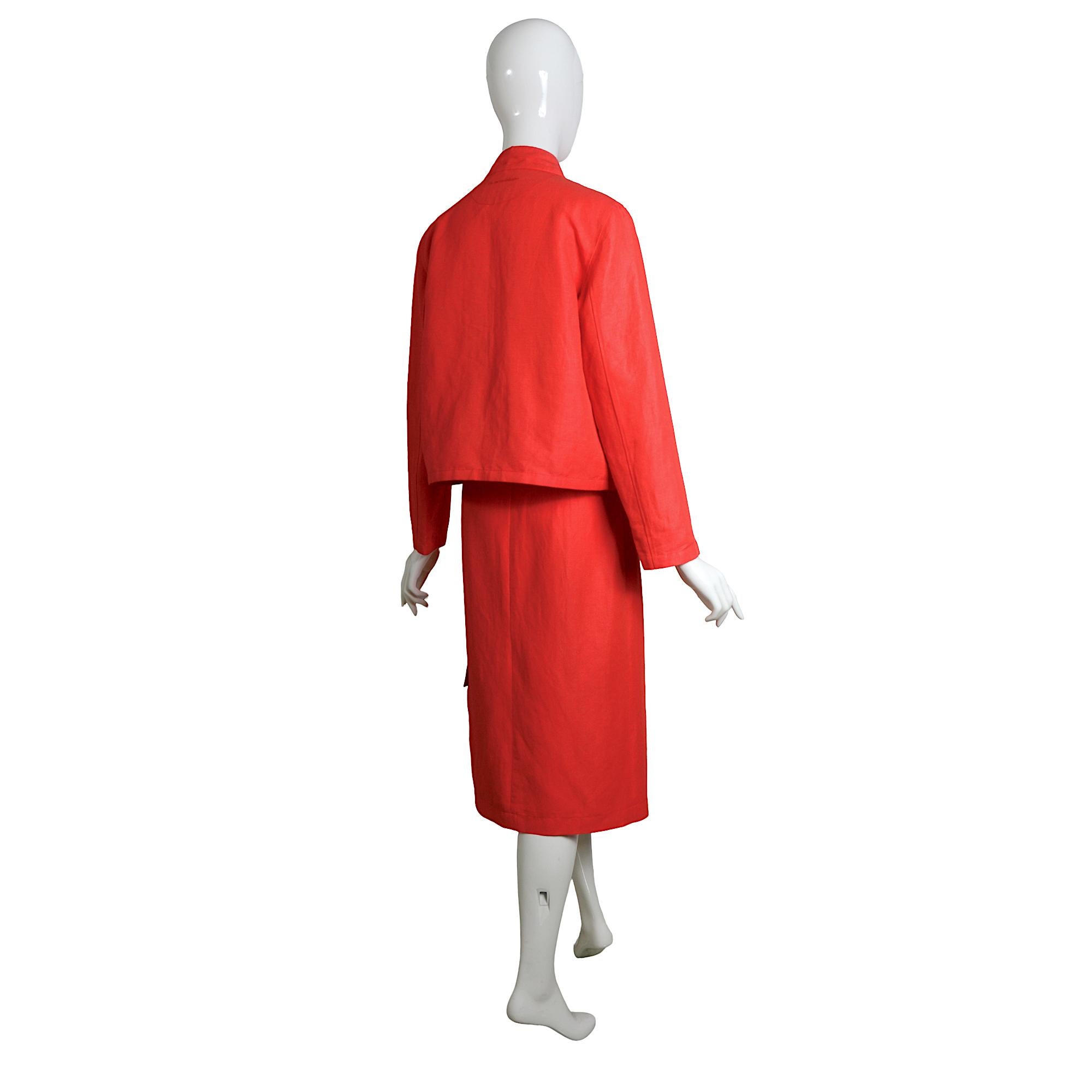 Jean-Charles de Castelbajac Vintage 80s Coral Linen Jacket & Midi Wrap Skirt Set For Sale 1