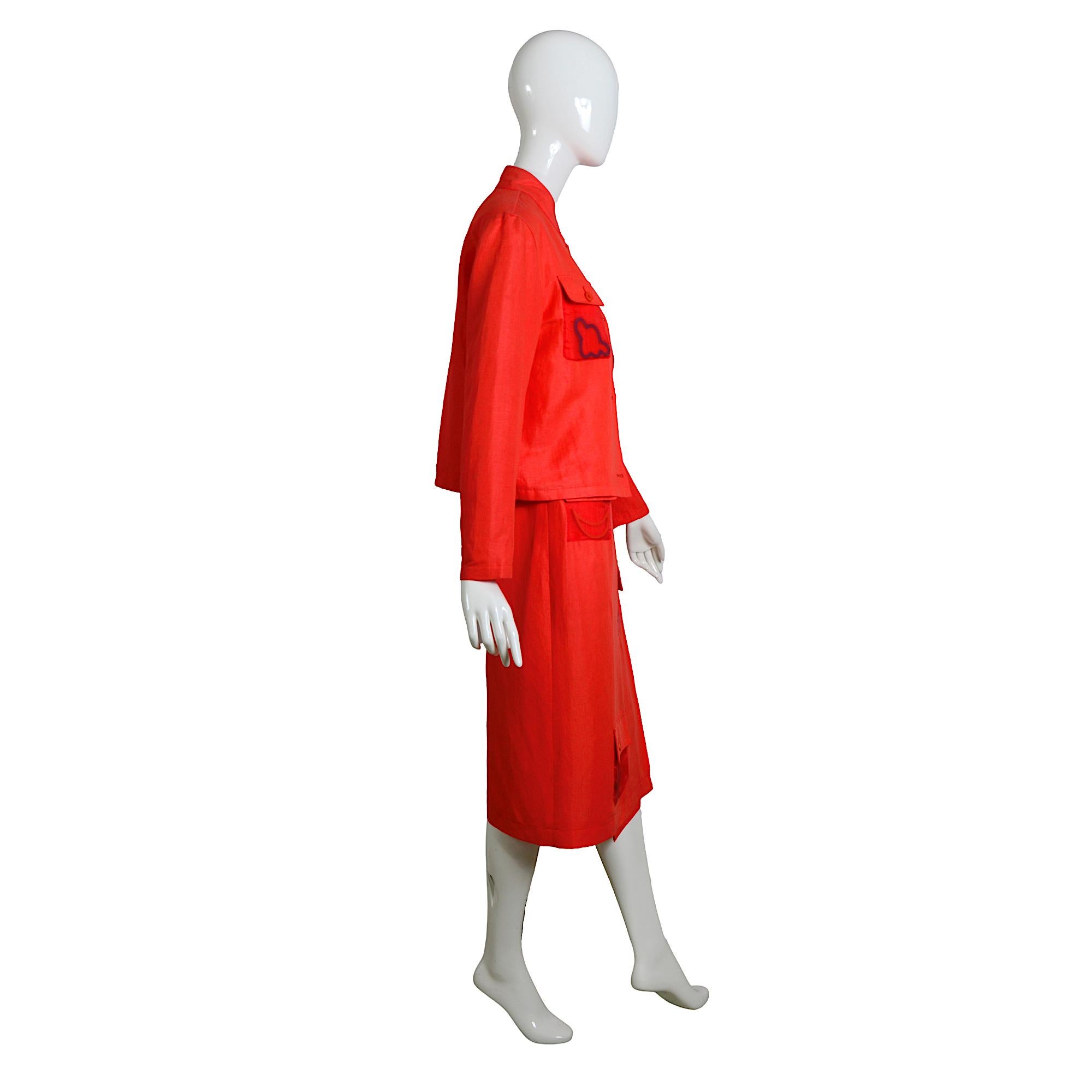 Jean-Charles de Castelbajac Vintage 80s Coral Linen Jacket & Midi Wrap Skirt Set For Sale 2