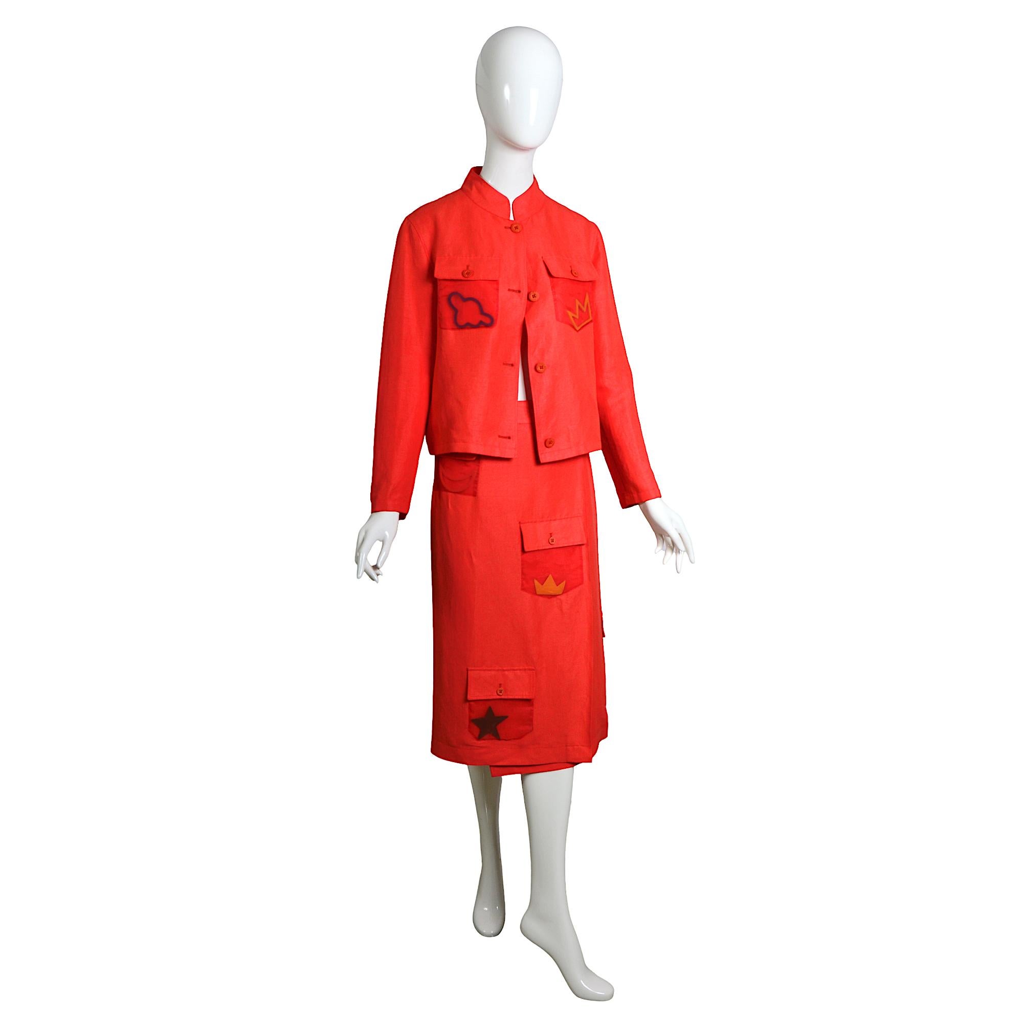 Jean-Charles de Castelbajac Vintage 80s Coral Linen Jacket & Midi Wrap Skirt Set For Sale 3