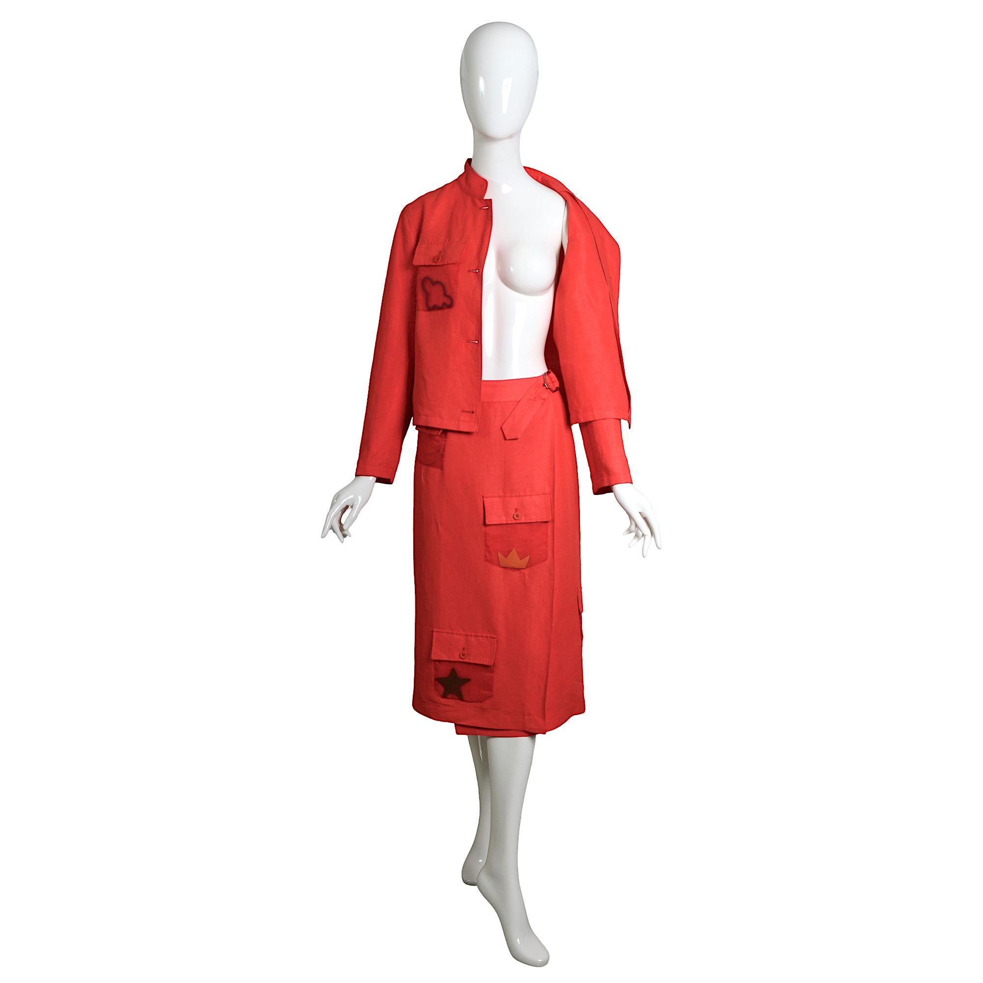 Jean-Charles de Castelbajac Vintage 80s Coral Linen Jacket & Midi Wrap Skirt Set For Sale 4