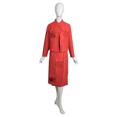 Jean-Charles de Castelbajac Vintage 80s Coral Linen Jacket & Midi Wrap Skirt Set