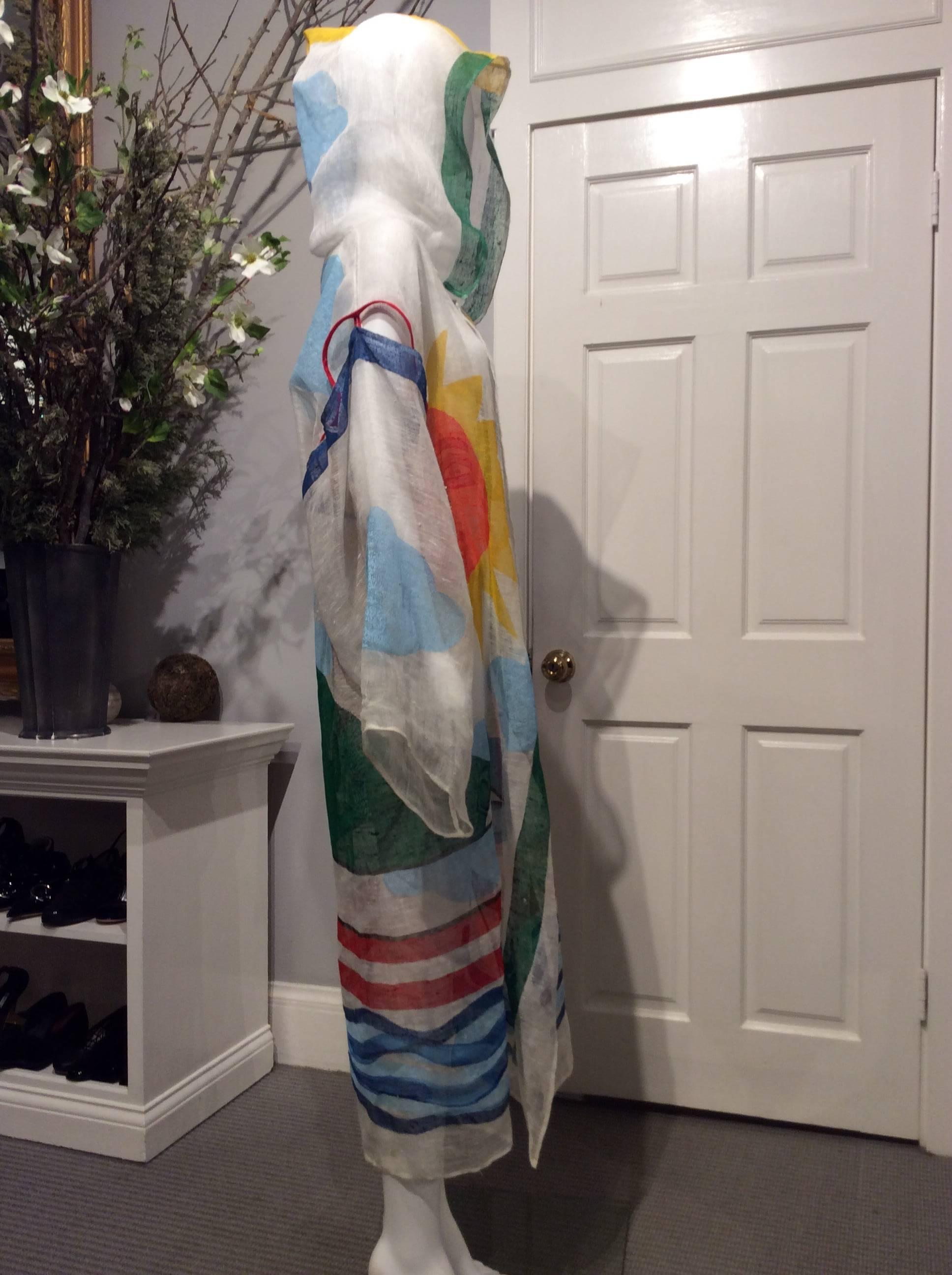 Jean-Charles de Castelbajac Vintage Hand-painted Linen Open Caftan With Hood In Excellent Condition In San Francisco, CA