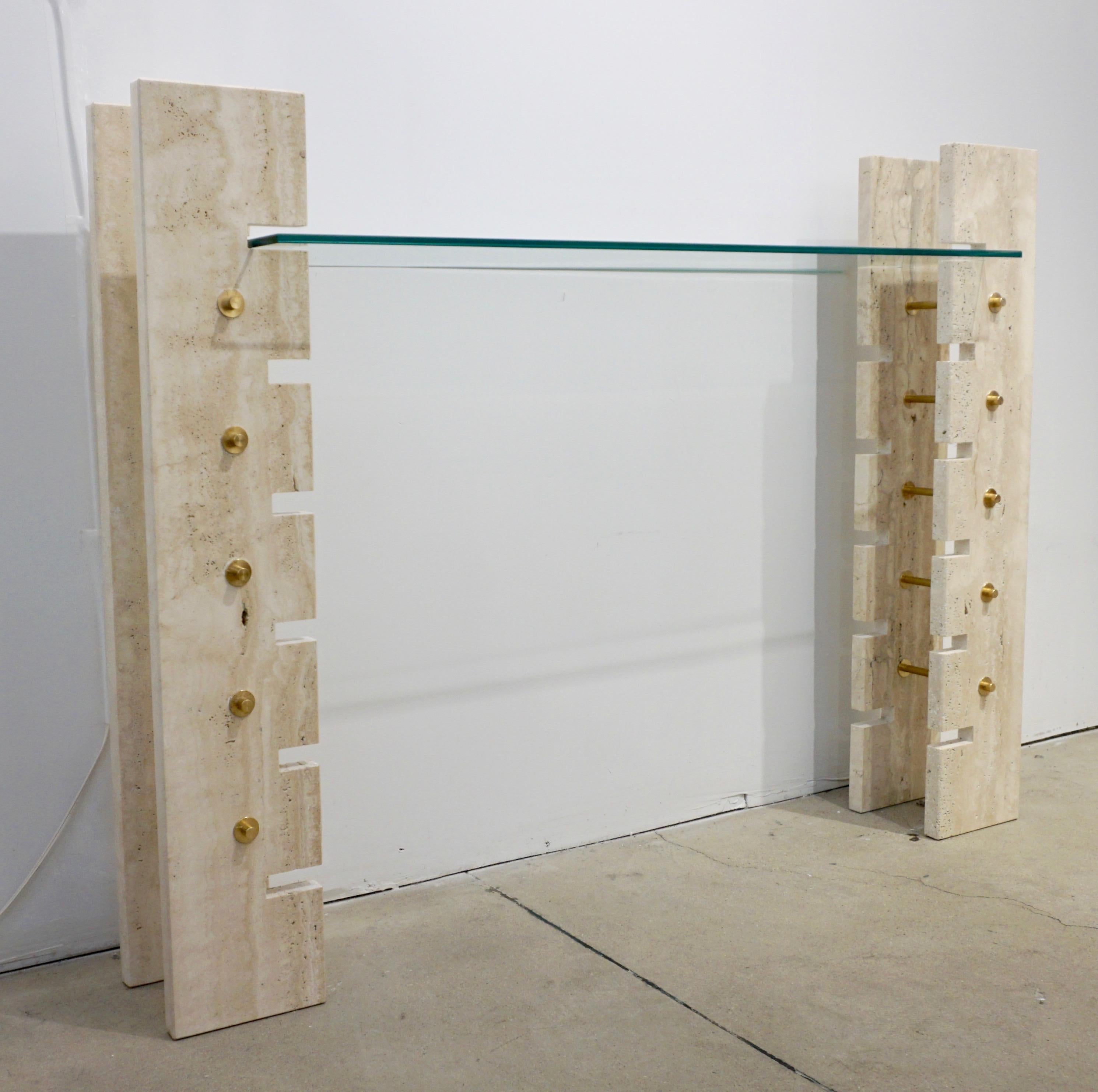 Jean Charles Designer 1970s French Minimalist Ivory White Travertine Console 3