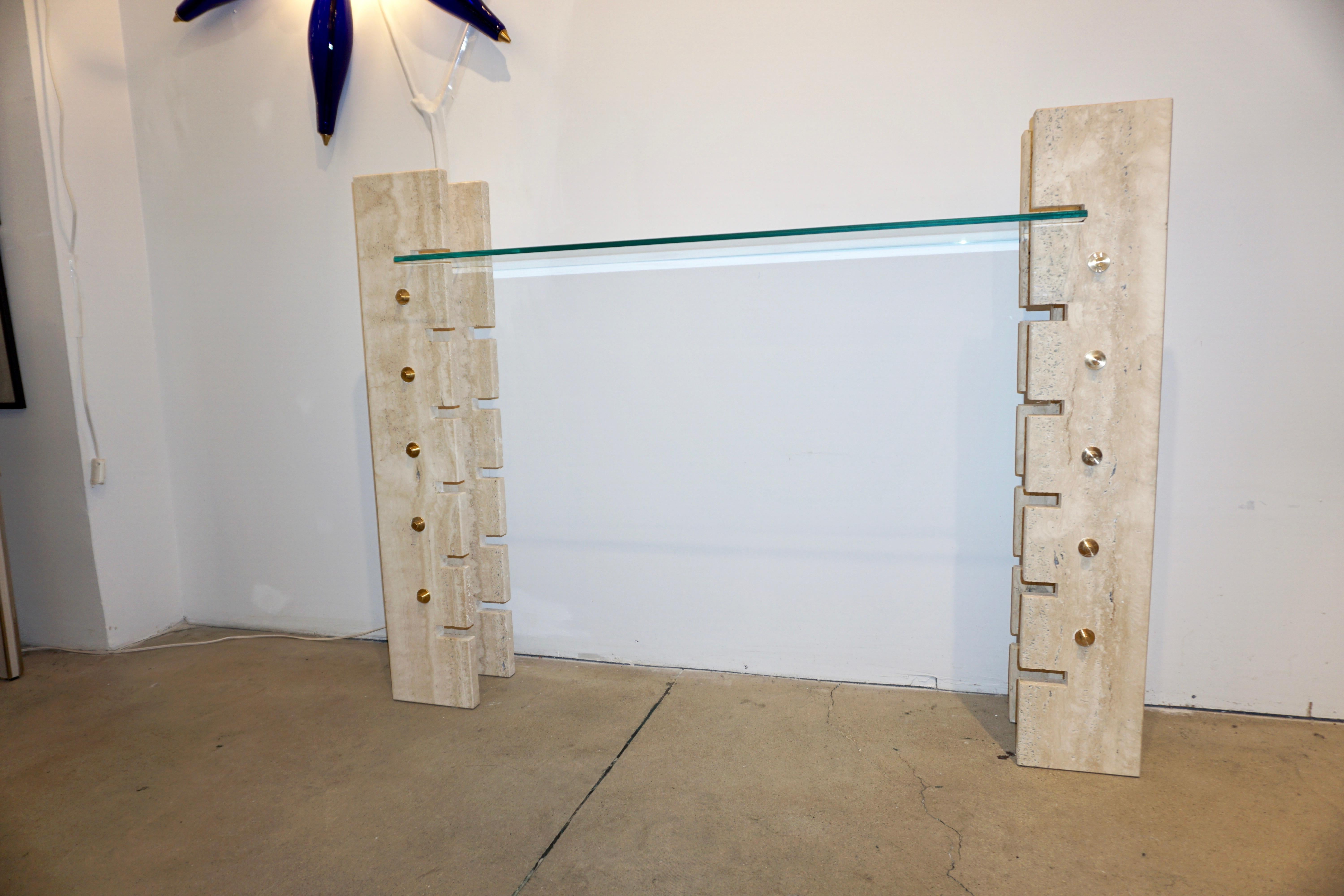 Jean Charles Designer 1970s French Minimalist Ivory White Travertine Console 4