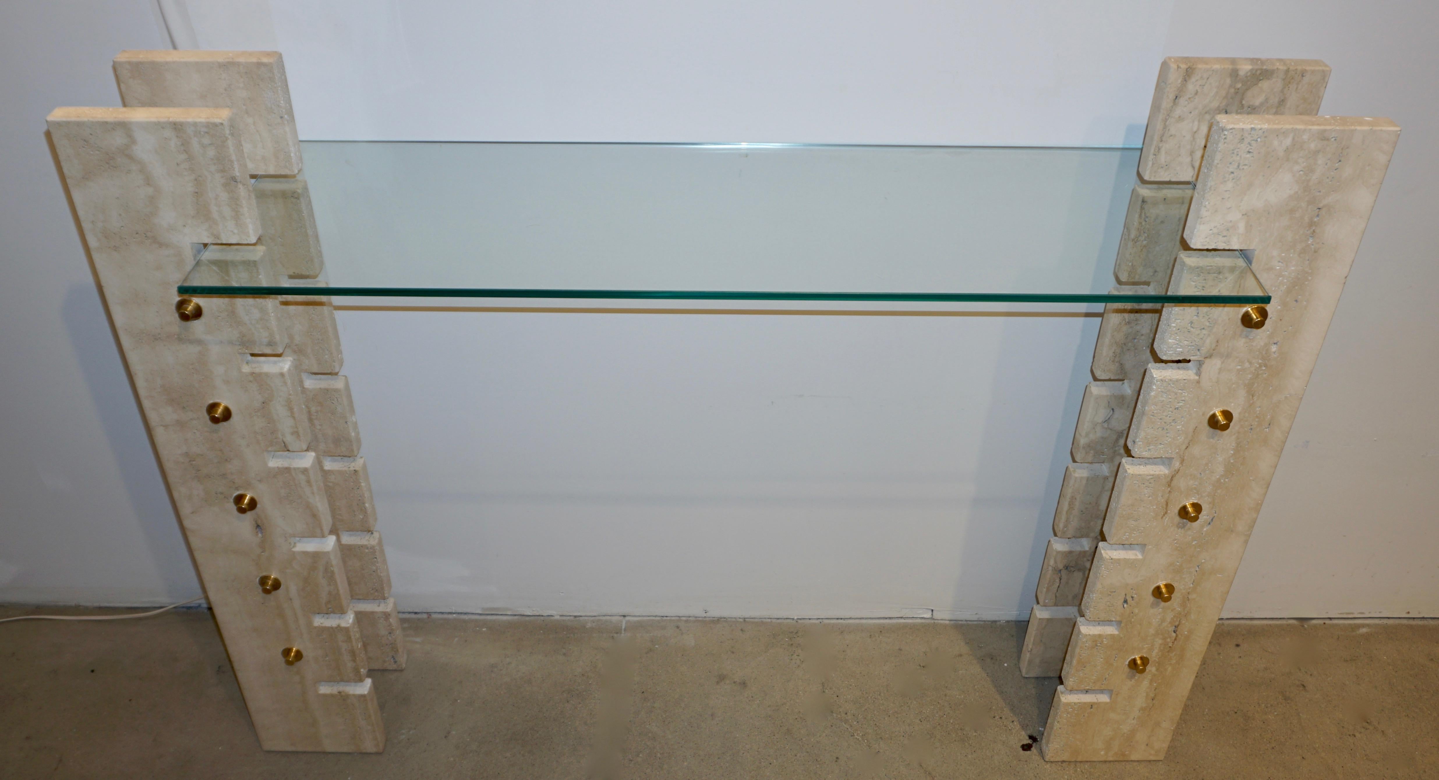 Jean Charles Designer 1970s French Minimalist Ivory White Travertine Console 6