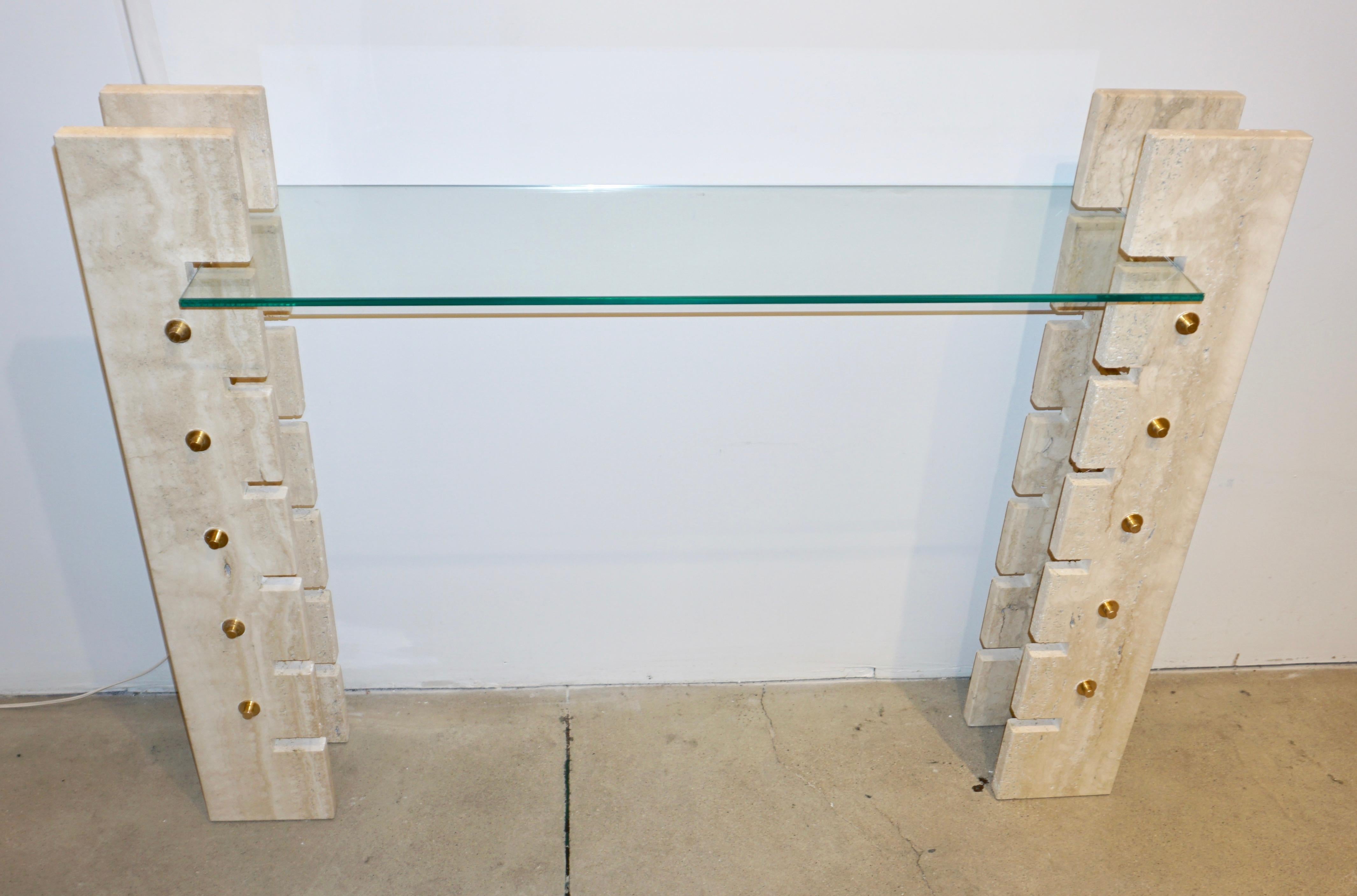 Jean Charles Designer 1970s French Minimalist Ivory White Travertine Console 9