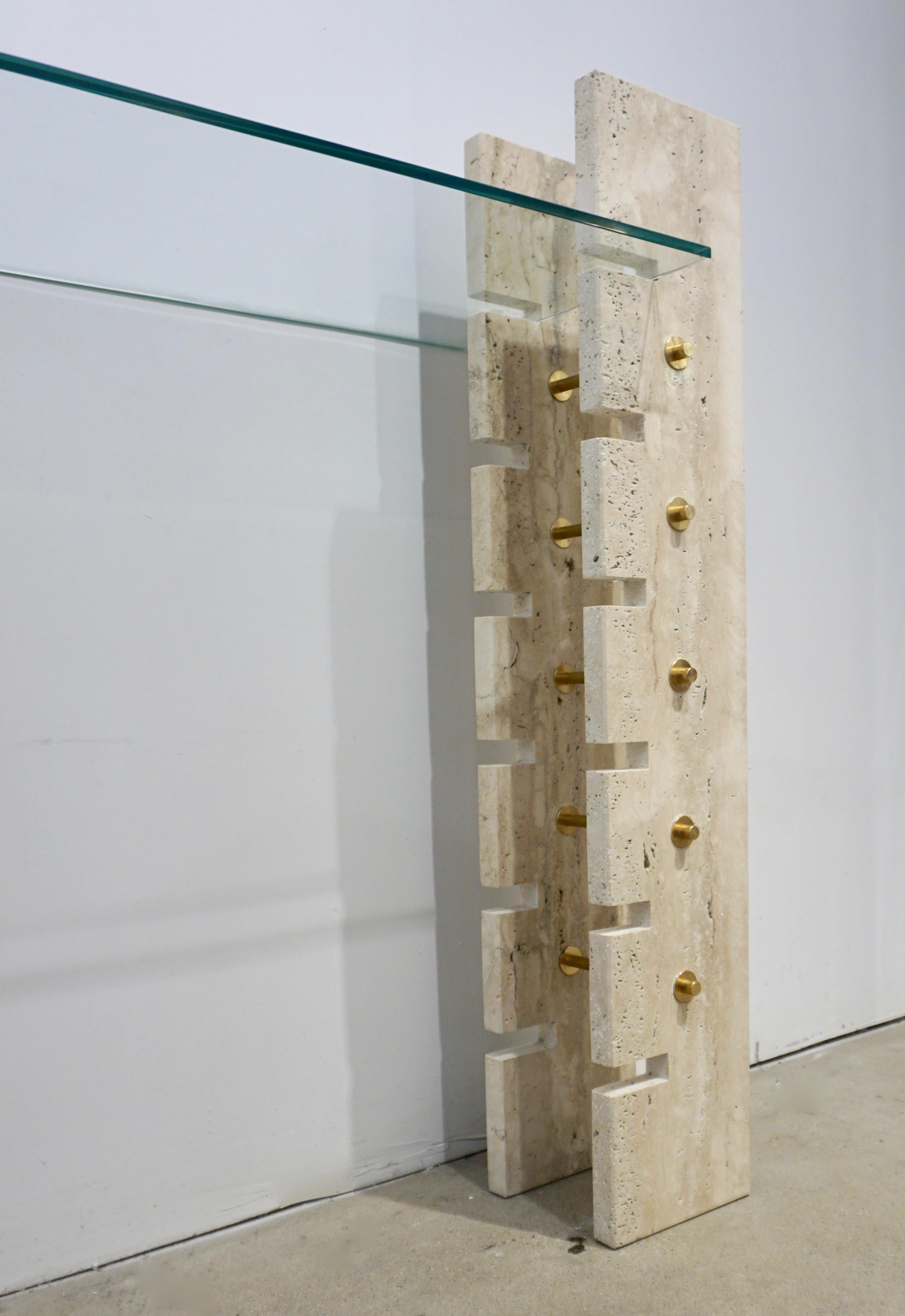 Jean Charles Designer 1970s French Minimalist Ivory White Travertine Console 10