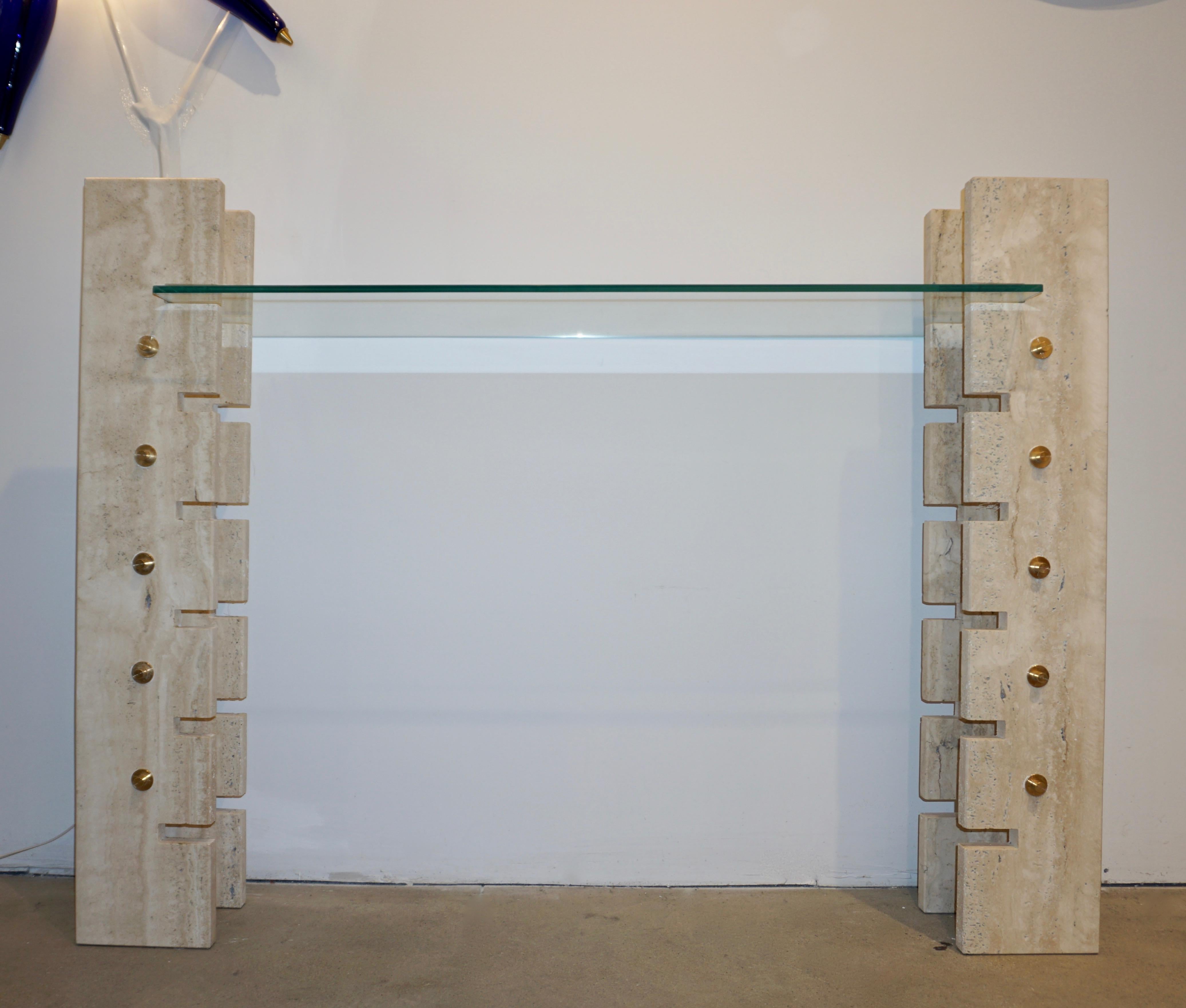 Jean Charles Designer 1970s French Minimalist Ivory White Travertine Console 11