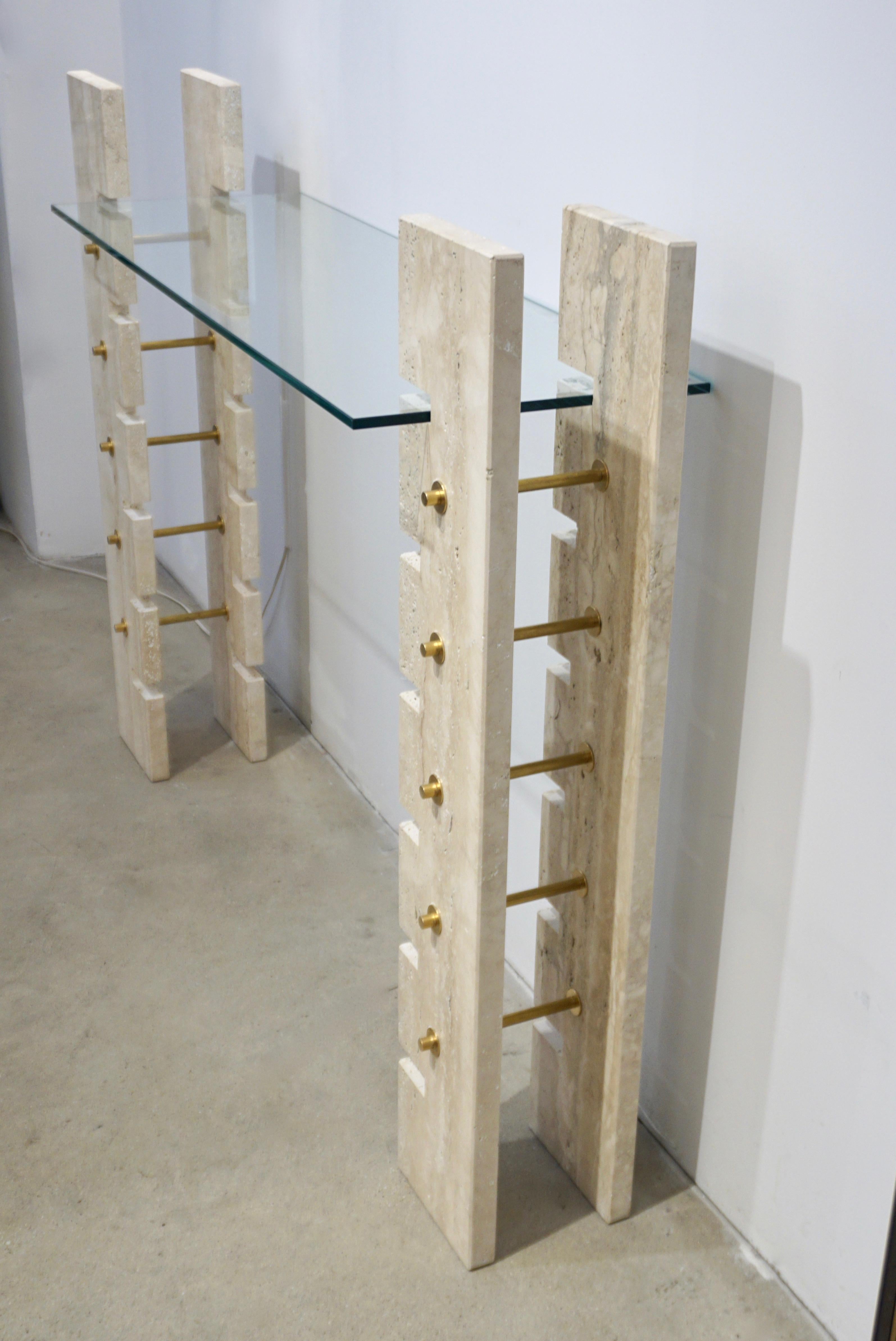 Mid-Century Modern Jean Charles Designer 1970s French Minimalist Ivory White Travertine Console