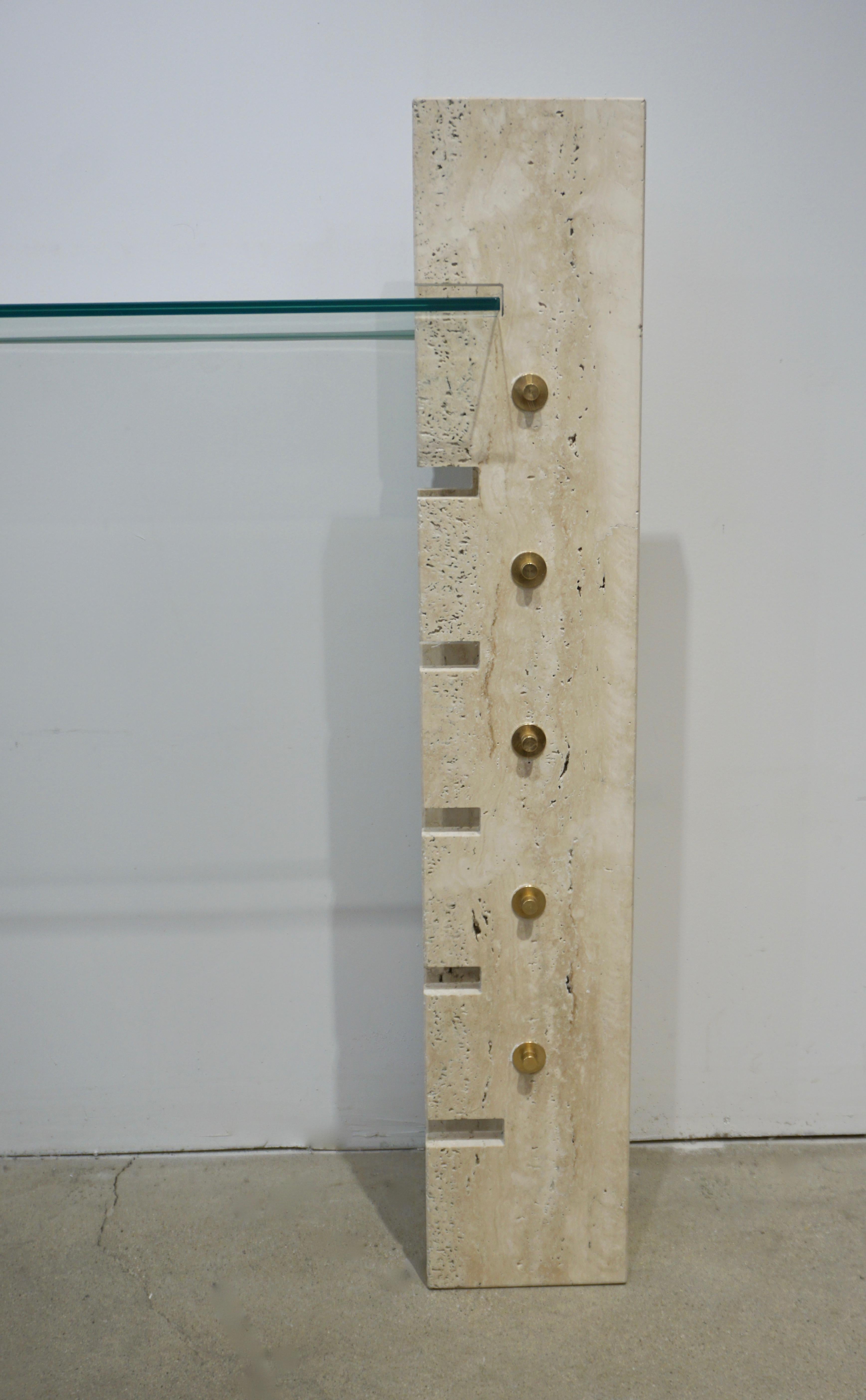 Jean Charles Designer 1970s French Minimalist Ivory White Travertine Console In Good Condition In New York, NY