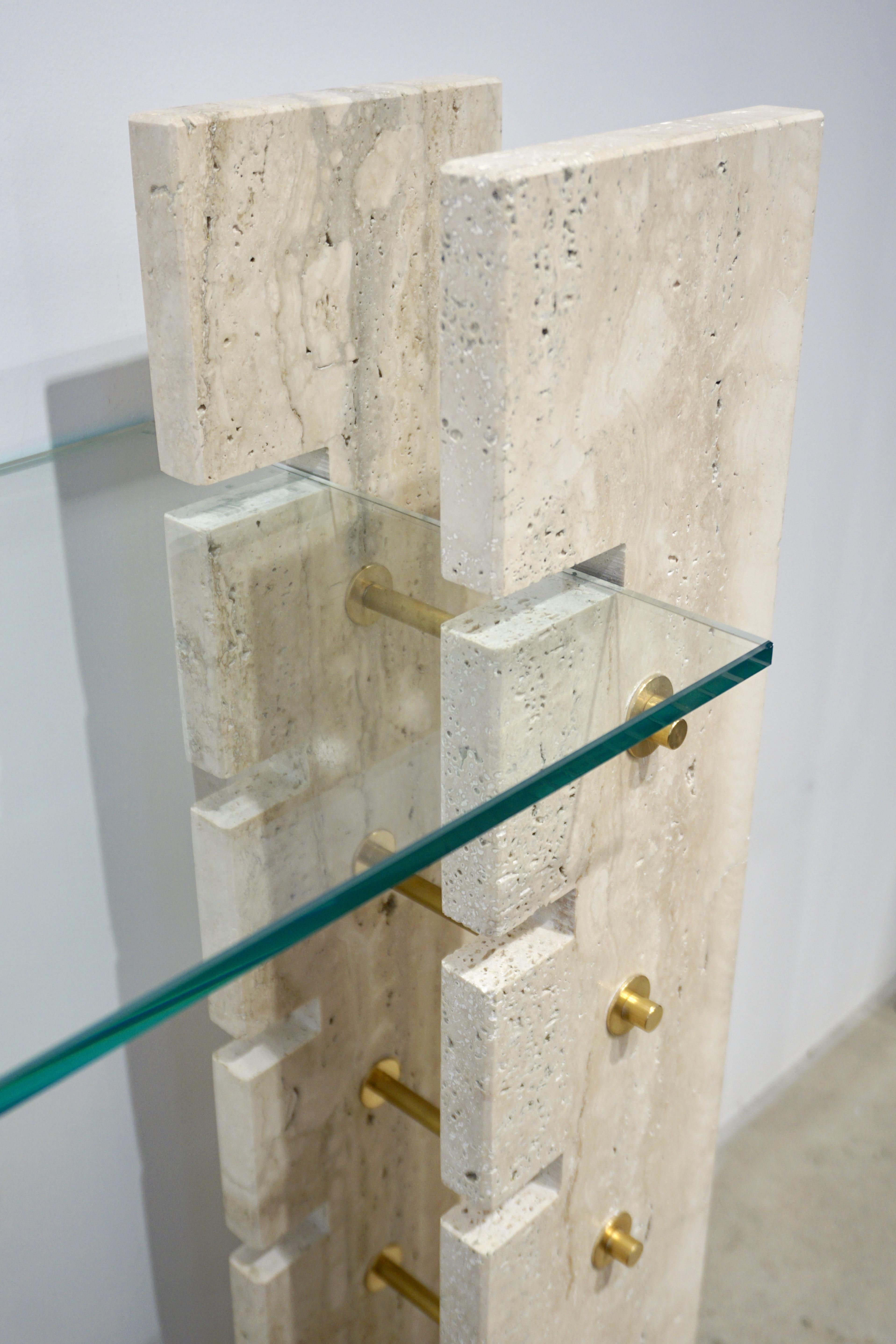 Jean Charles Designer 1970s French Minimalist Ivory White Travertine Console 1