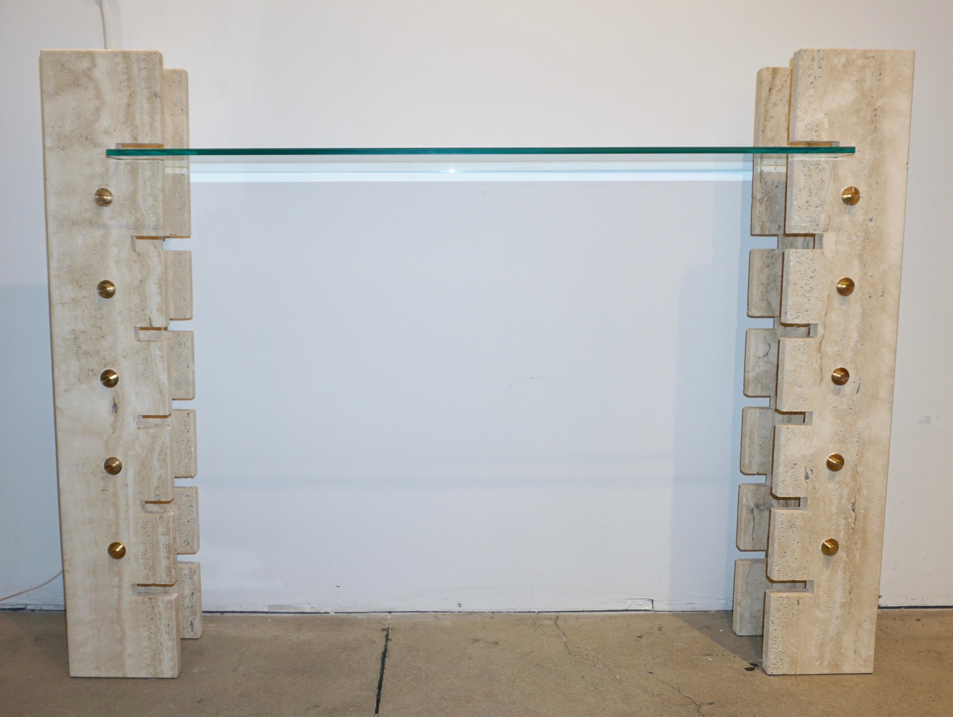 Jean Charles Designer 1970s French Minimalist Ivory White Travertine Console 2