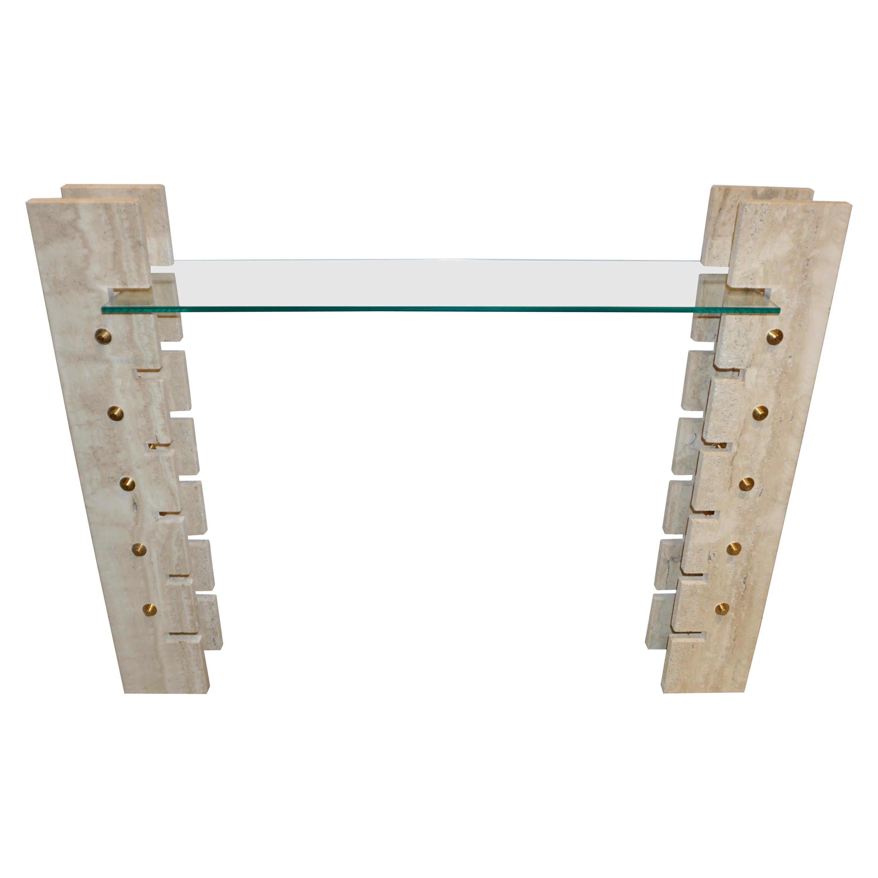 Jean Charles Designer 1970s French Minimalist Ivory White Travertine Console