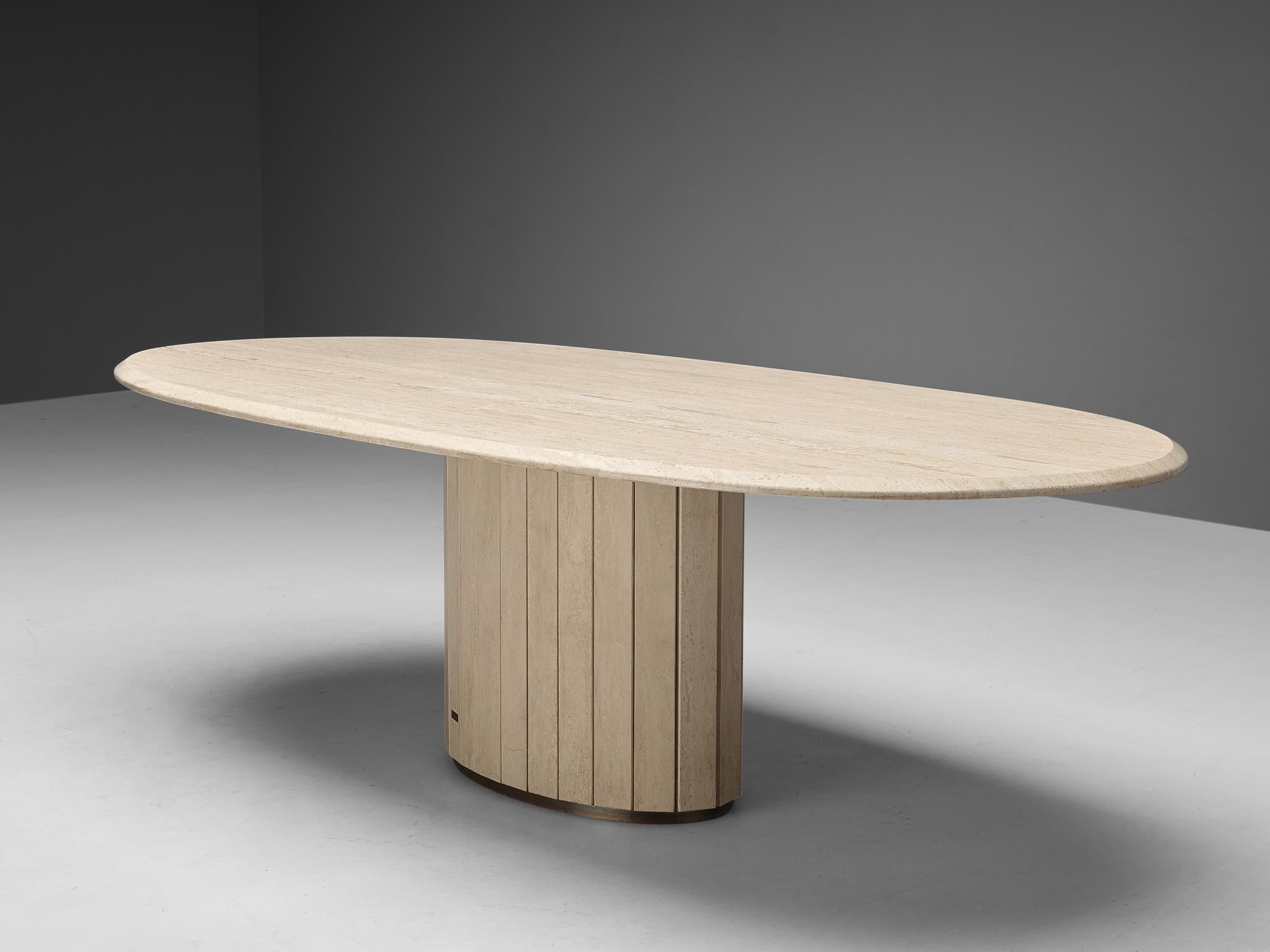 Jean Charles, table, travertine, brass, Italy, 1970s.

Jean Charles created an eccentric table with a certain monochrome, sculptural look, which is achieved by exclusively using travertine, a natural stone from Italy. The body holds an intricate
