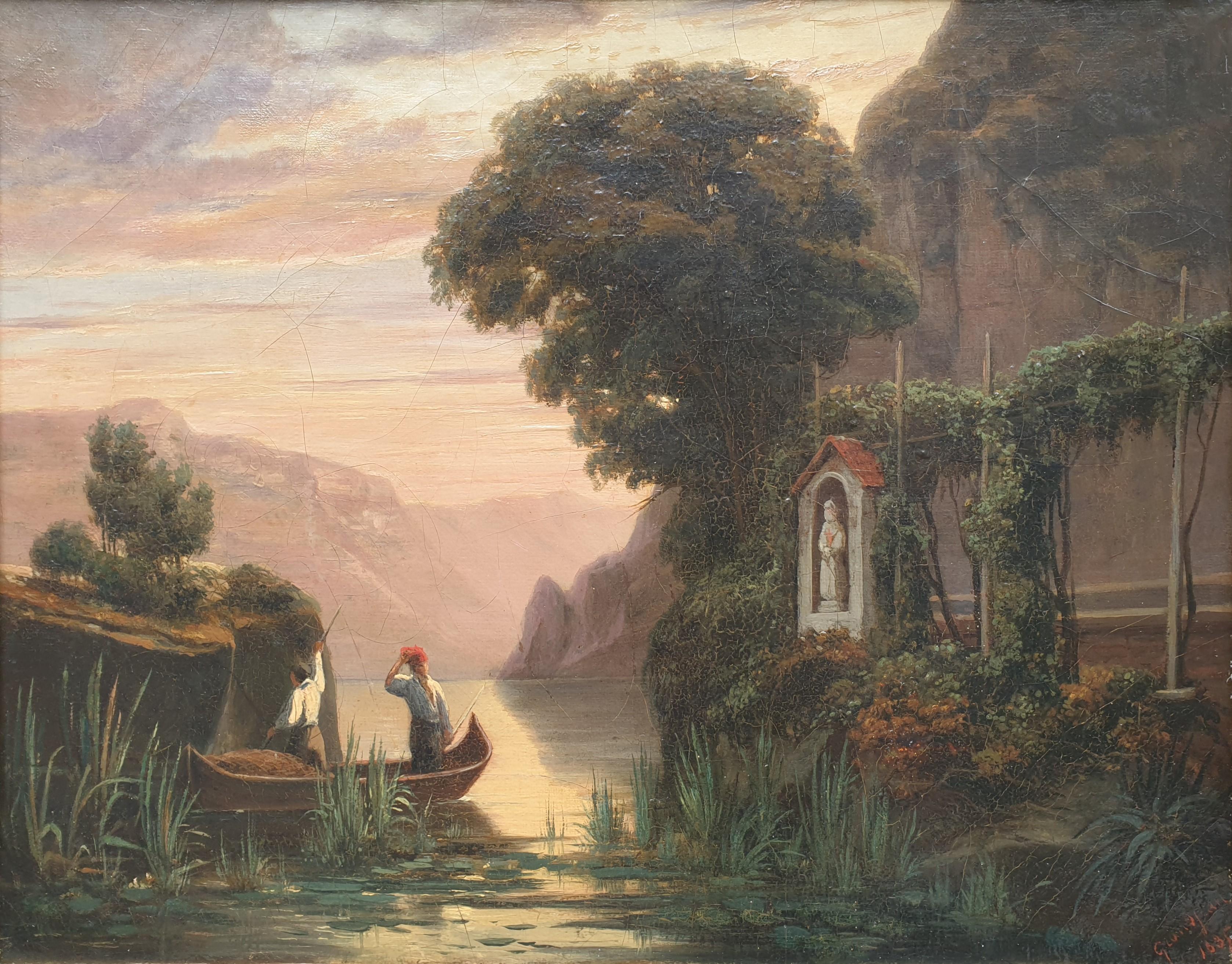 GRANDJEAN romantic landscape painting fishermen italian lake french 19th  - Painting by Jean-Charles GRANDJEAN