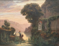 GRANDJEAN romantico dipinto di paesaggio pescatori lago italiano francese 19°