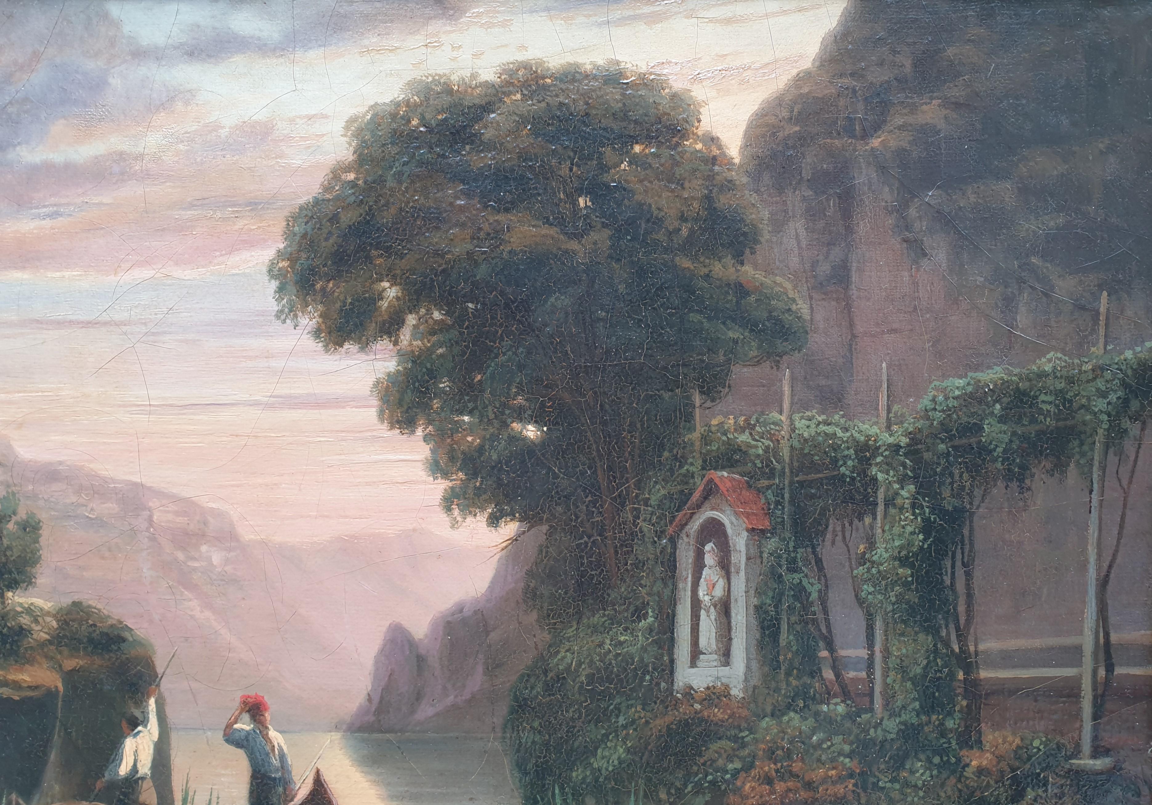 GRANDJEAN romantic landscape painting fishermen italian lake french 19th  - Romantic Painting by Jean-Charles GRANDJEAN