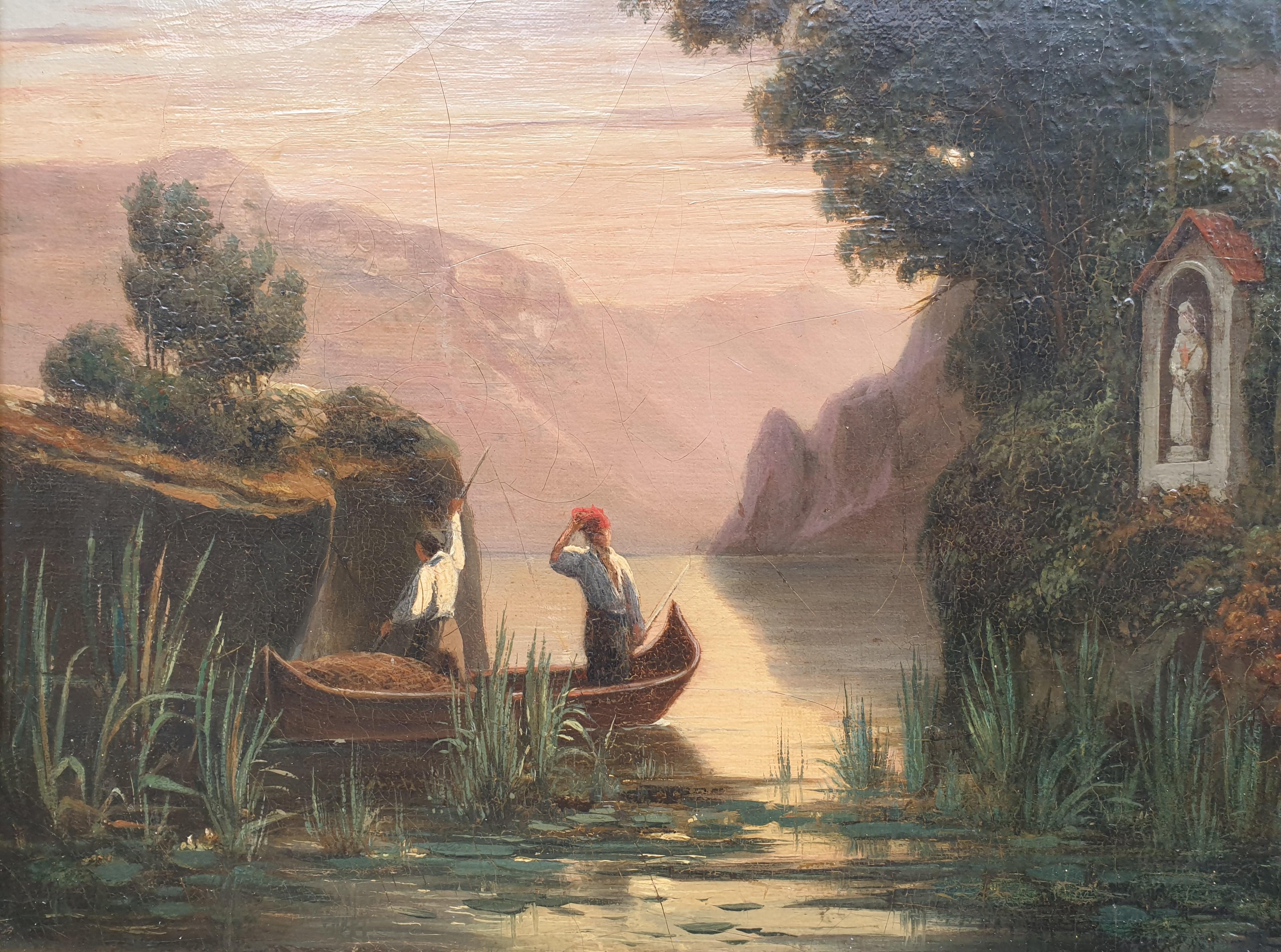 GRANDJEAN romantic landscape painting fishermen italian lake french 19th  - Gray Landscape Painting by Jean-Charles GRANDJEAN