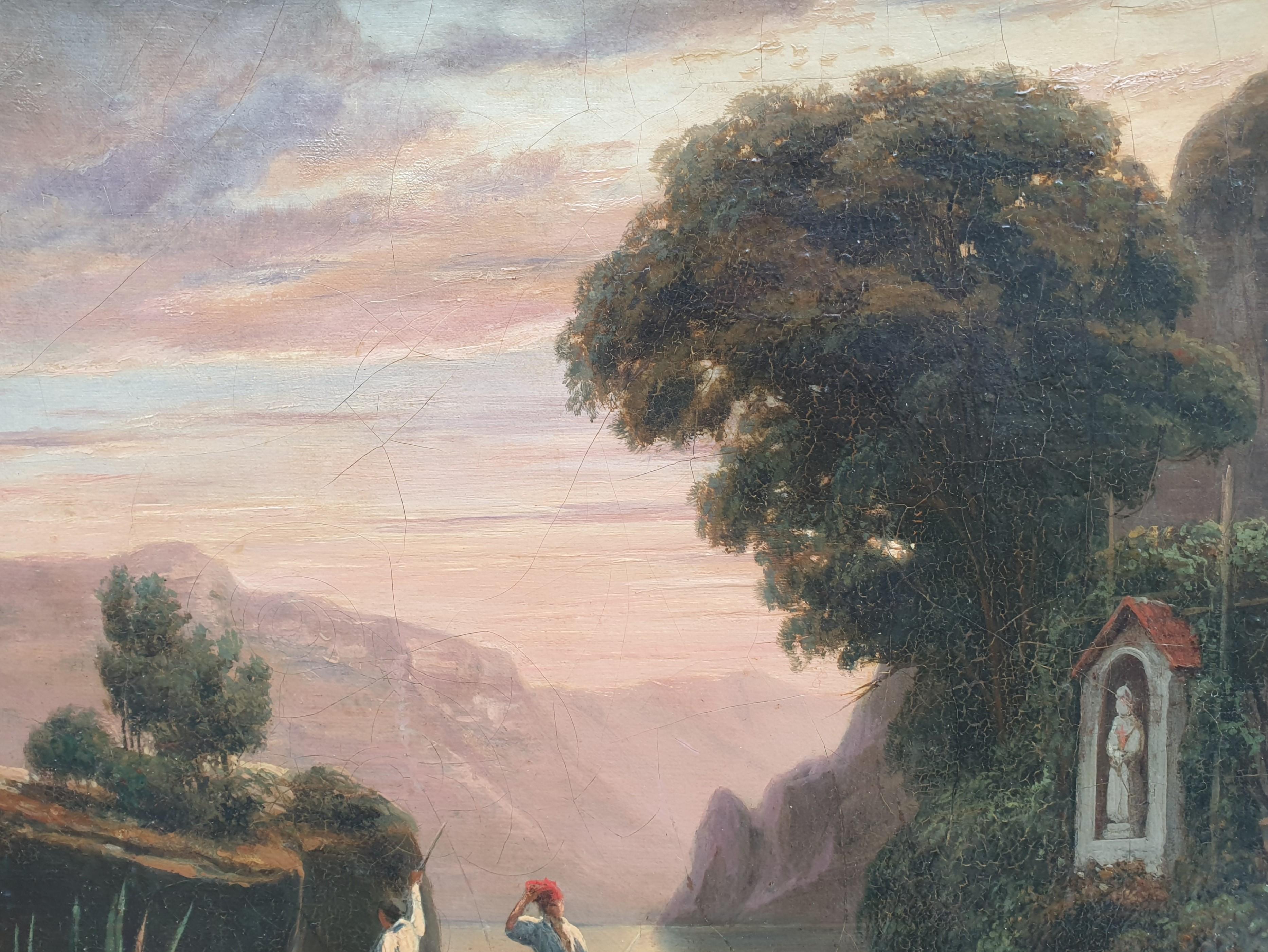 GRANDJEAN romantic landscape painting fishermen italian lake french 19th  For Sale 1