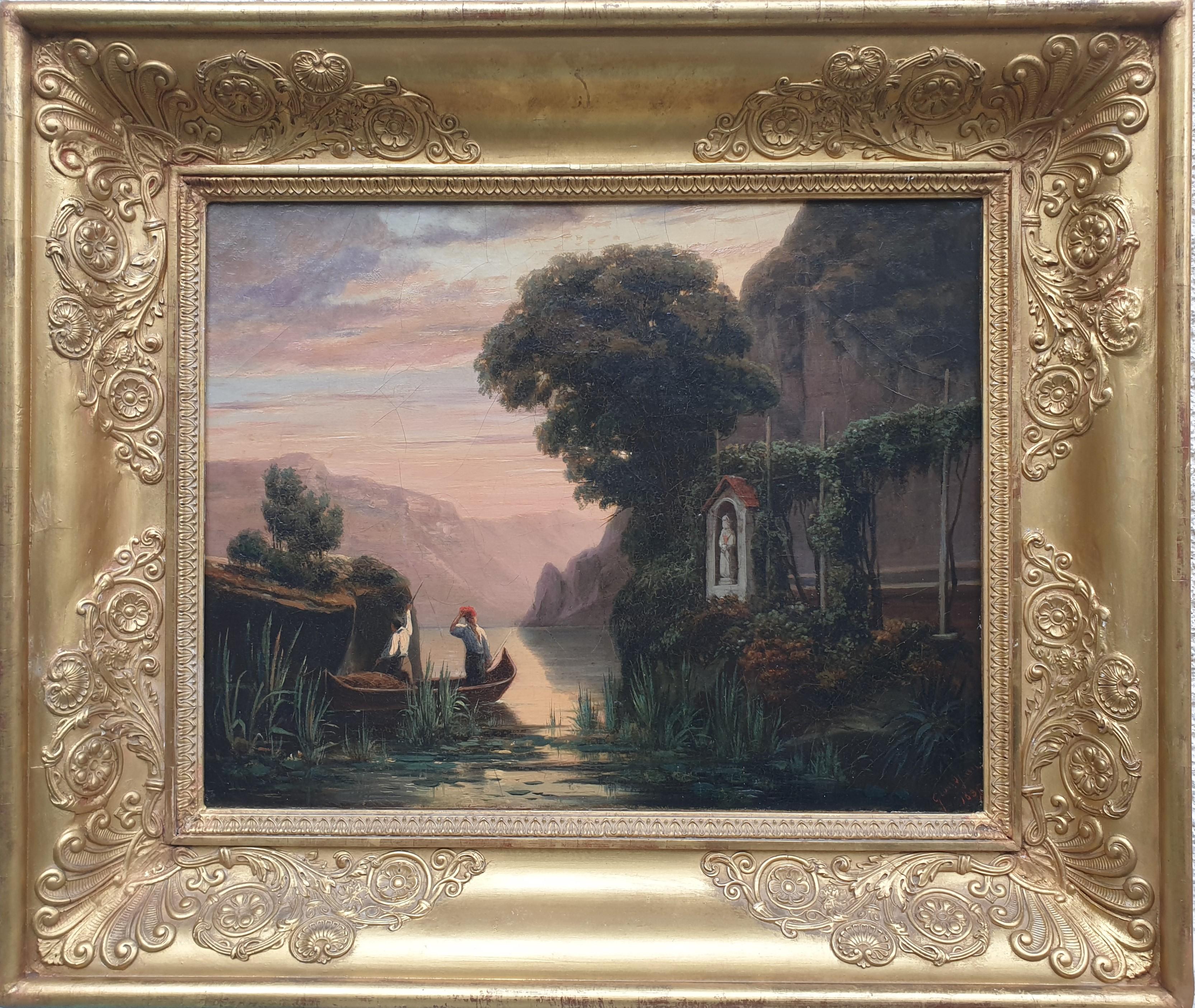Jean-Charles GRANDJEAN Landscape Painting - GRANDJEAN romantic landscape painting fishermen italian lake french 19th 