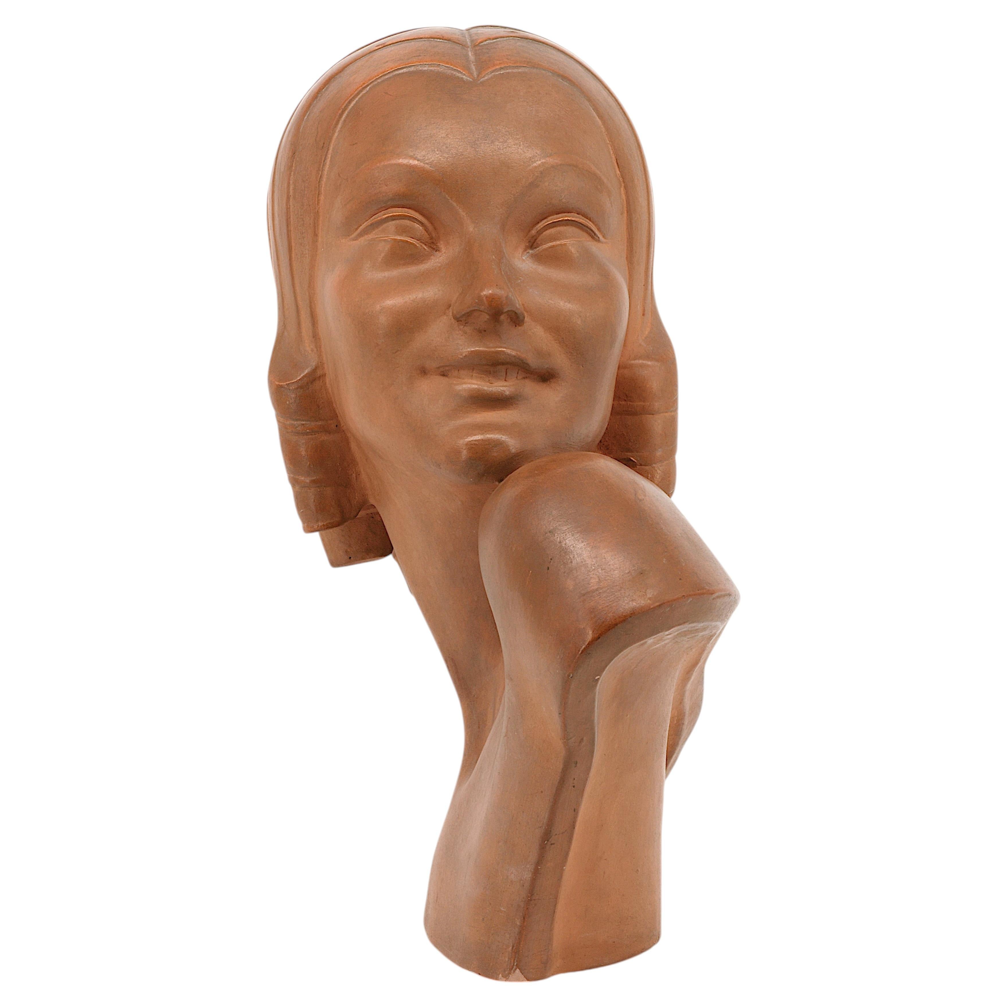 Jean-Charles Guéro Art Deco Terracotta Bust, Young Lady, France, 1920s
