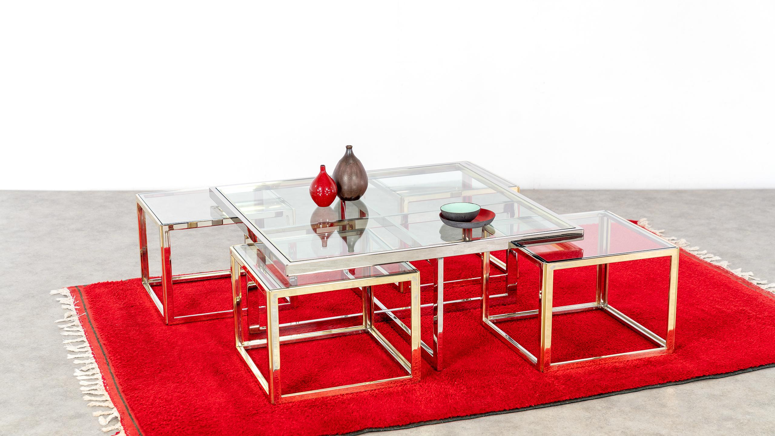 Mid-20th Century Jean Charles Maison, Huge Coffee Table Chrome & Brass 4 Nesting Tables, Paris