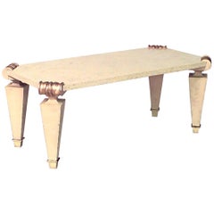 Table basse française Jean-Charles Moreaux en marbre travertin et bronze doré