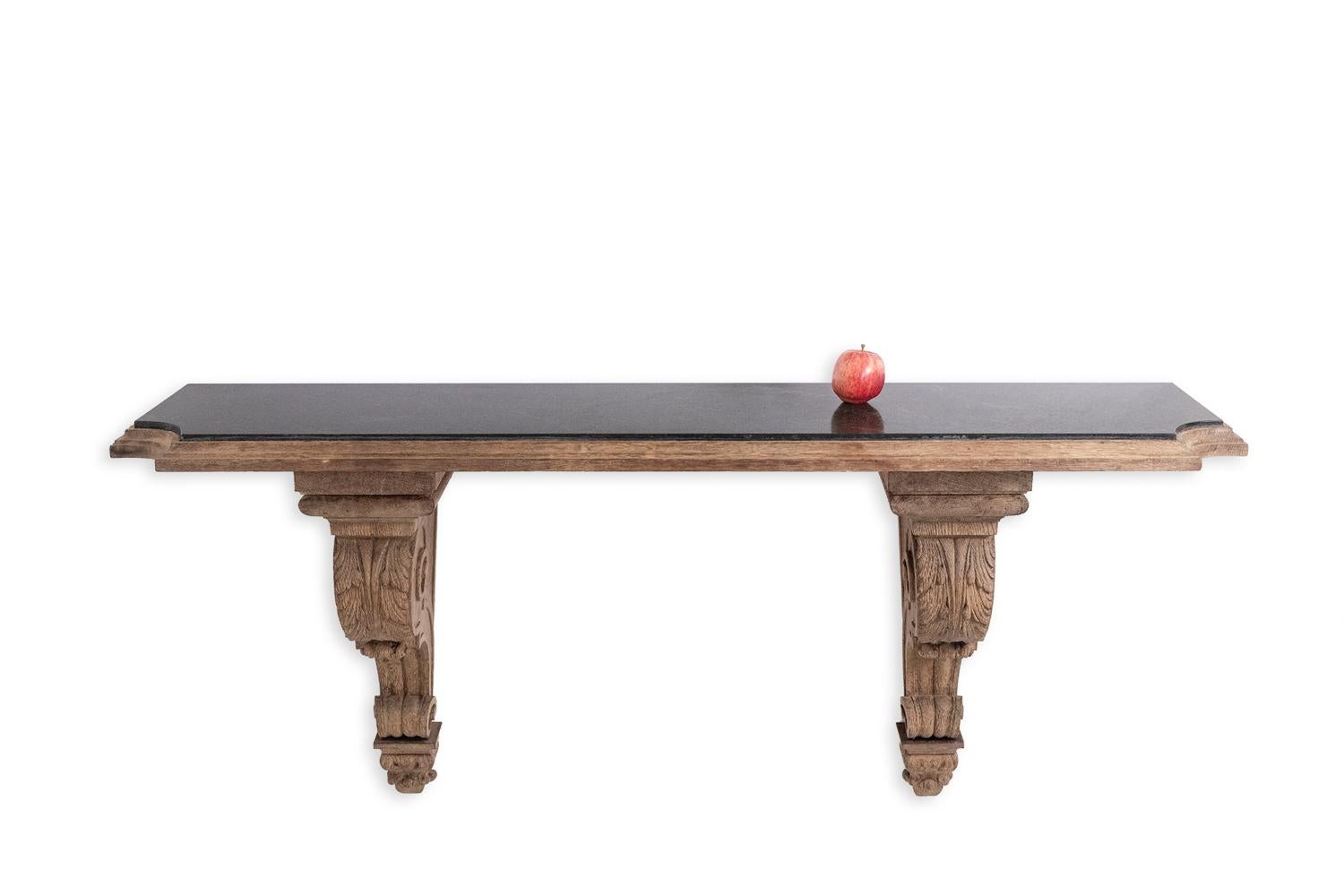 French Jean-Charles Moreux. Console in carved oak and marble. 1940s. For Sale