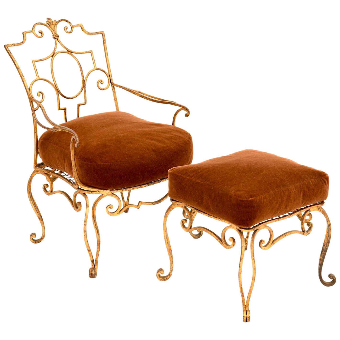 Jean-Charles Moreux Gilt Iron Armchair and Ottoman with Mohair Cushions