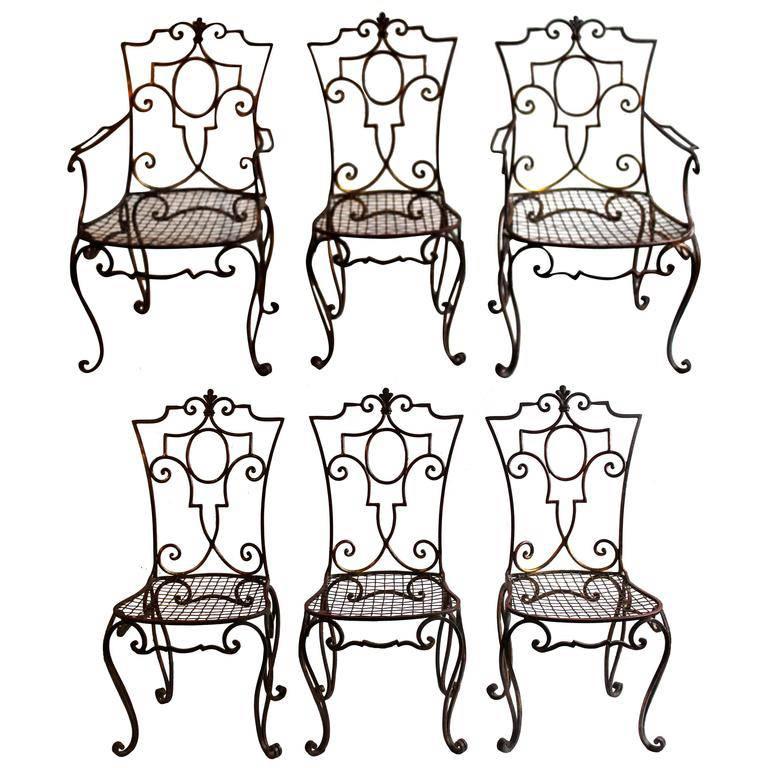 Jean-Charles Moreux Rare Set of Six Gilded Wrought Iron Chairs