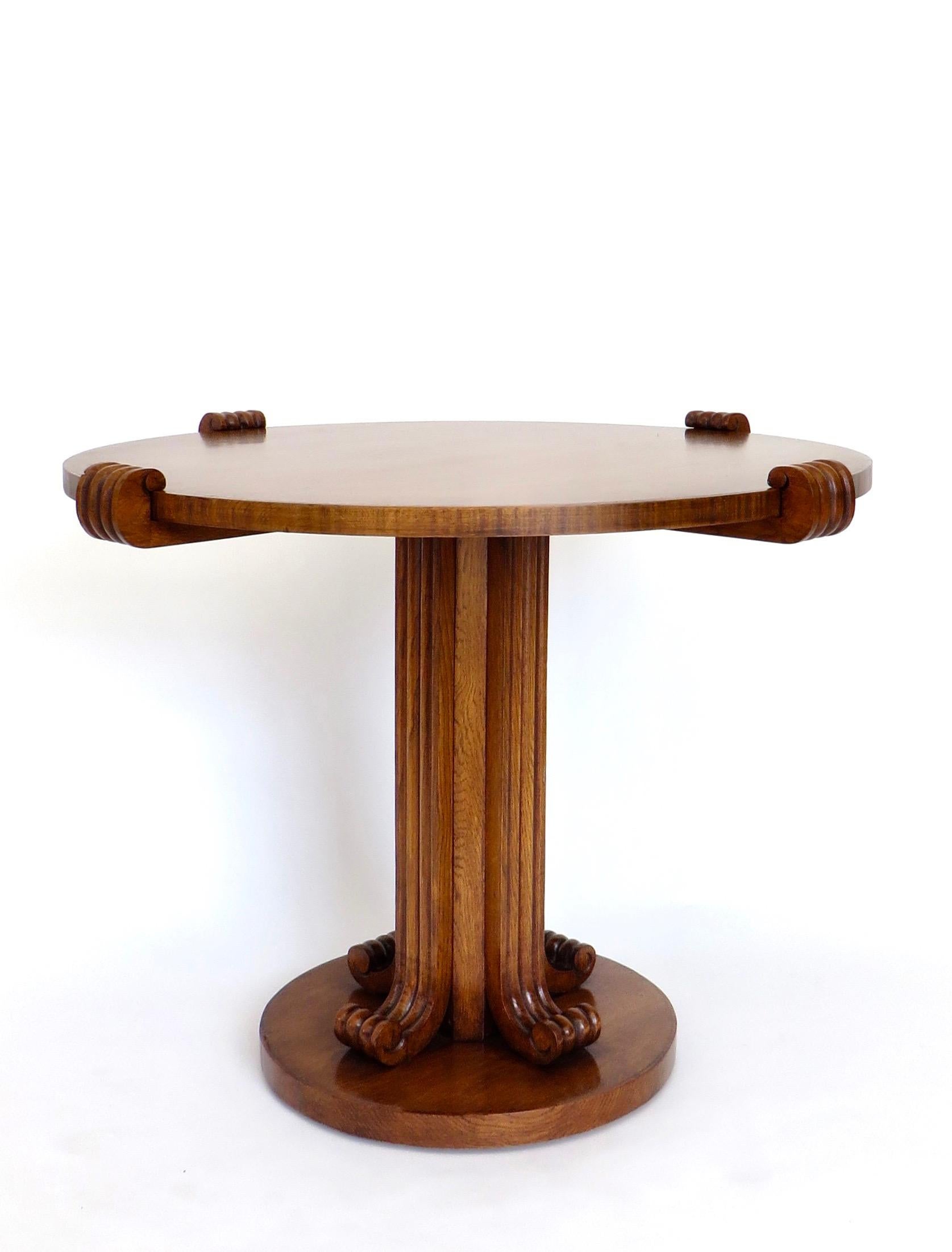 Mid-Century Modern Jean-Charles Moreux Round Table with Sculptural Base and Top in Figured Walnut  