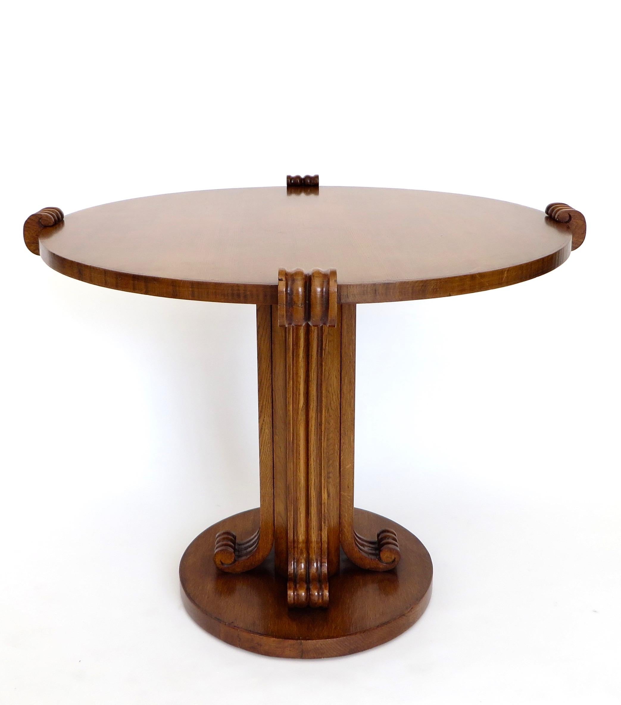 French Jean-Charles Moreux Round Table with Sculptural Base and Top in Figured Walnut  