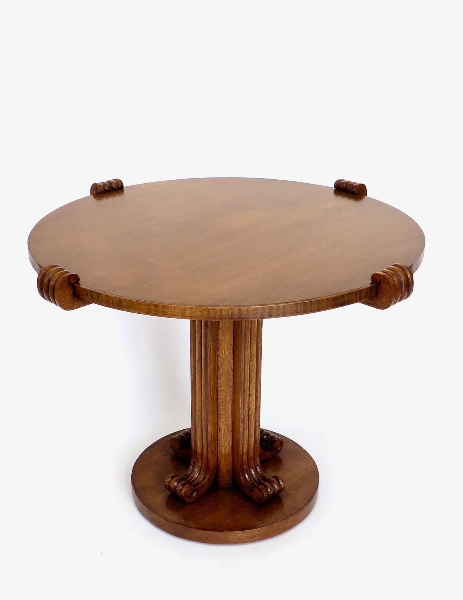 Jean-Charles Moreux Round Table with Sculptural Base and Top in Figured Walnut   In Excellent Condition In Chicago, IL