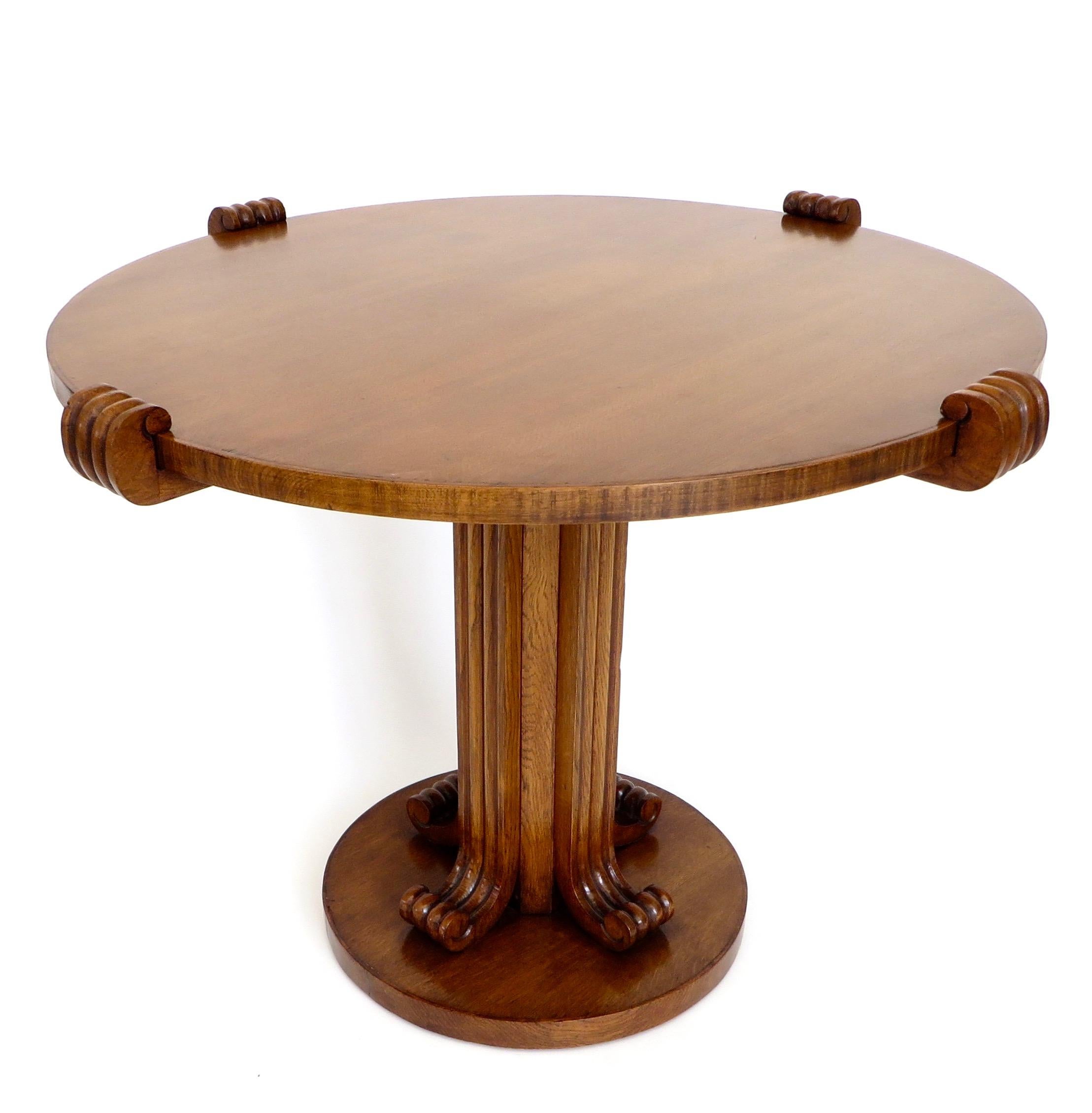 Mid-20th Century Jean-Charles Moreux Round Table with Sculptural Base and Top in Figured Walnut  